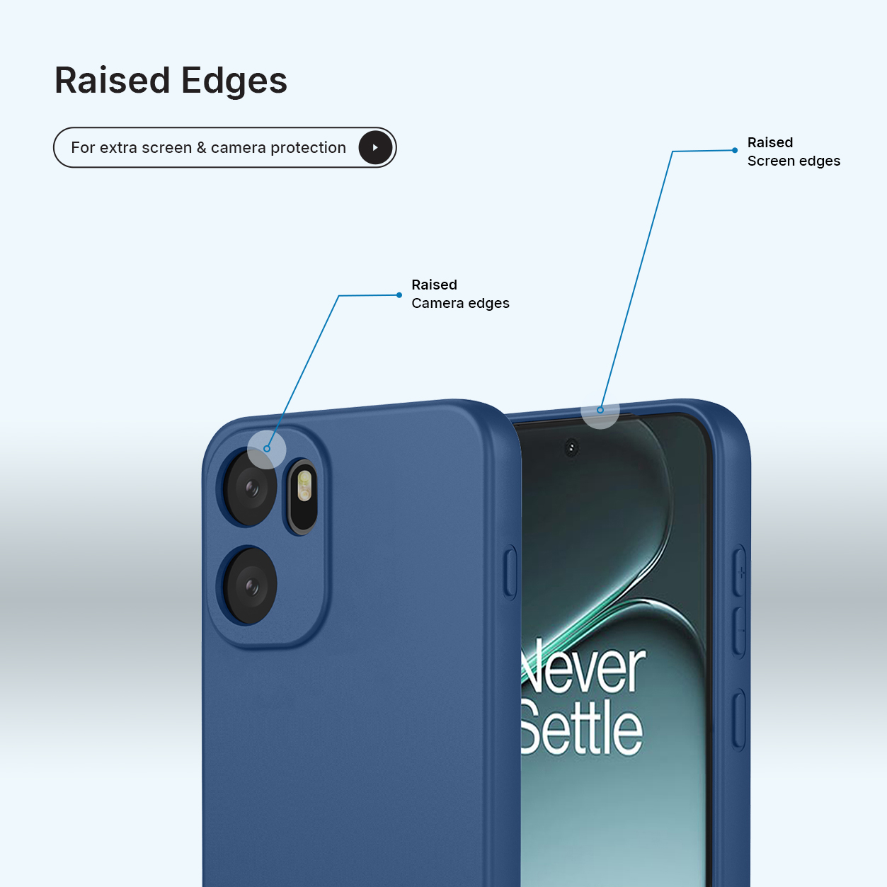 Étui de téléphone bleu avec bords surélevés pour protéger l'appareil photo et l'écran.