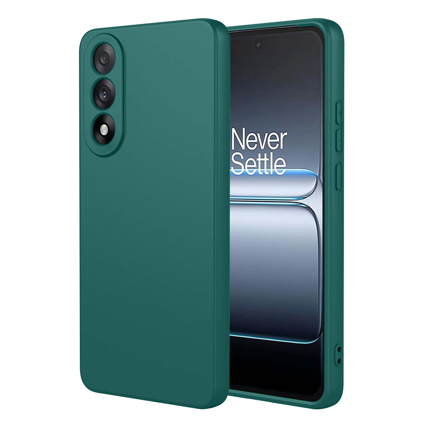 Coque de téléphone vert foncé avec trois objectifs de caméra et un écran de smartphone.