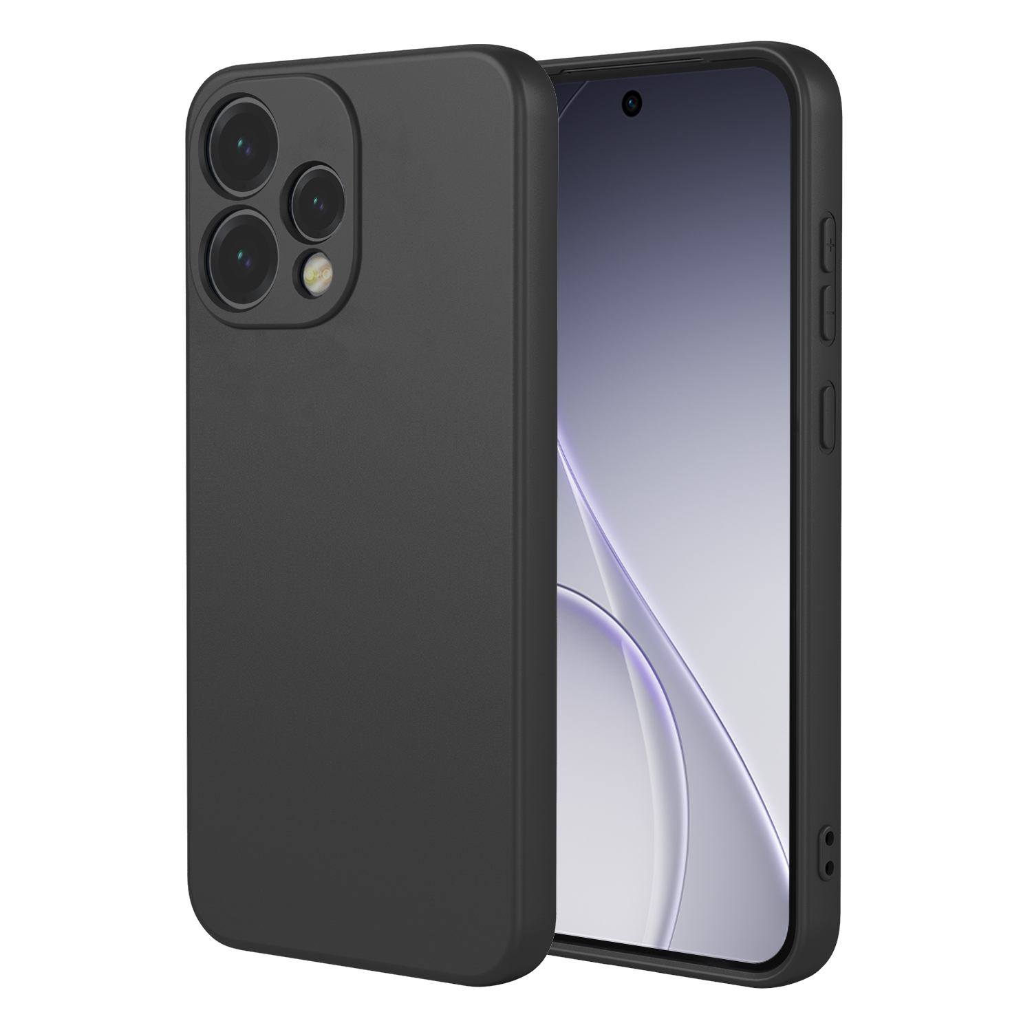 Coque de téléphone noire avec trois objectifs et un flash. À côté, un smartphone.