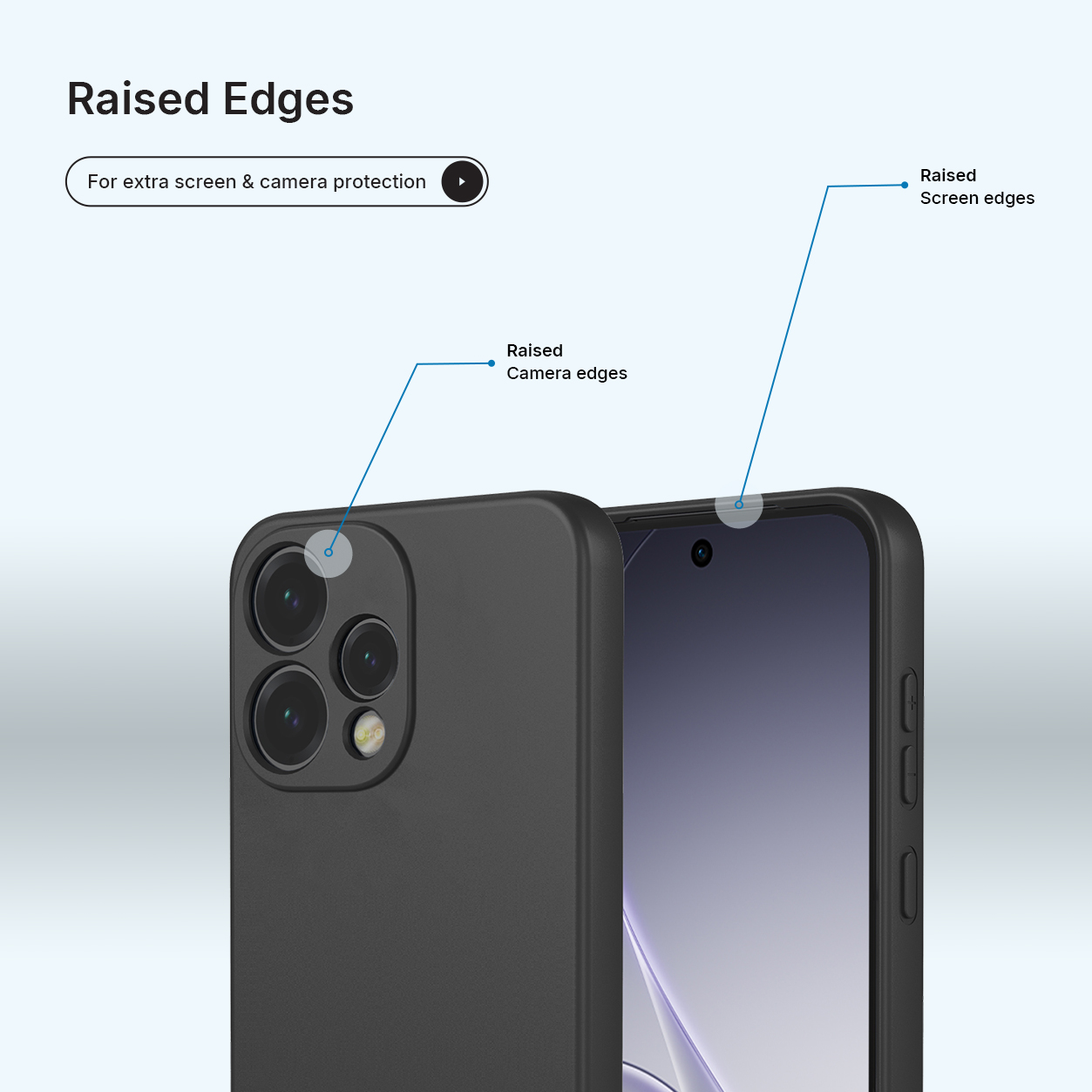 Coque de téléphone noire montre des bords surélevés pour la protection de l'appareil photo et de l'écran.