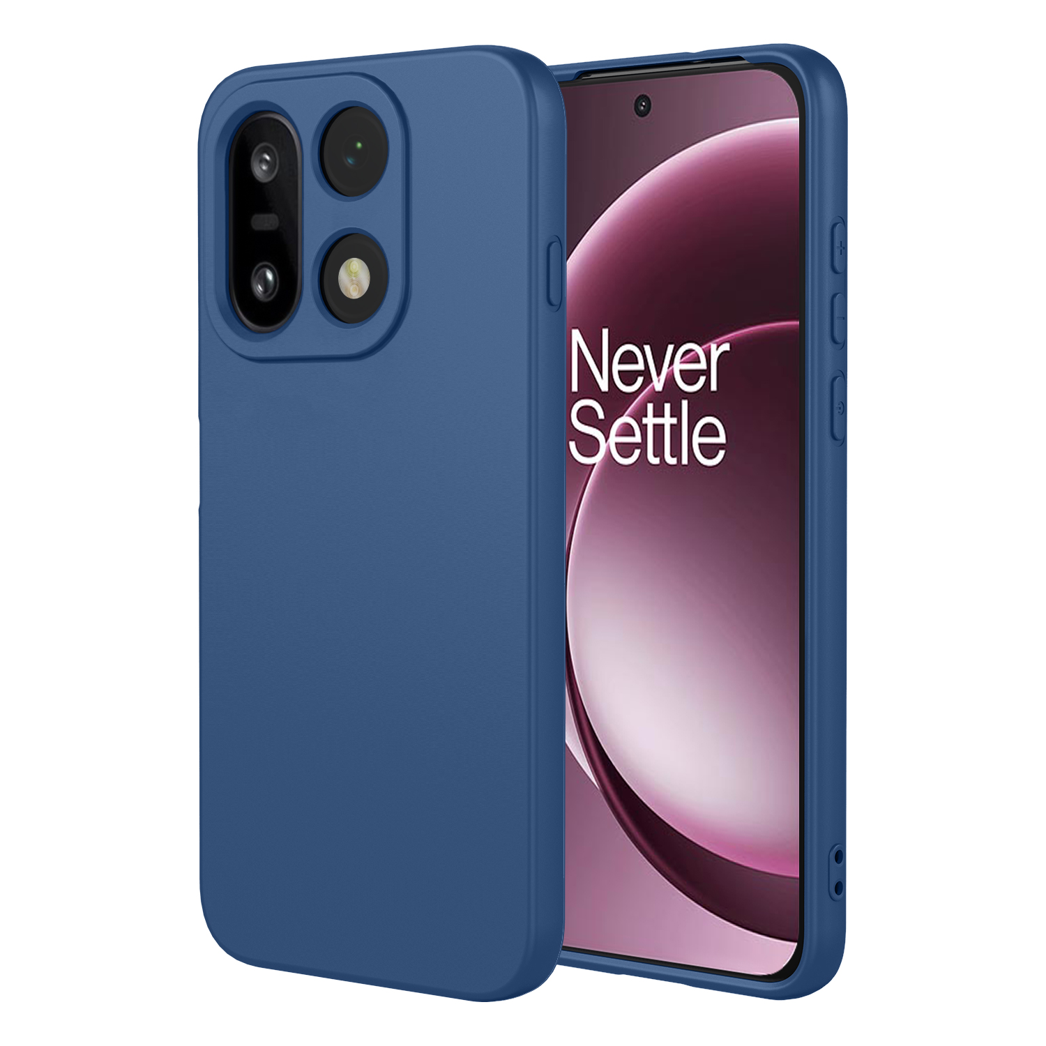 Een blauwe telefoonhoes naast een smartphone met "Never Settle" erop.