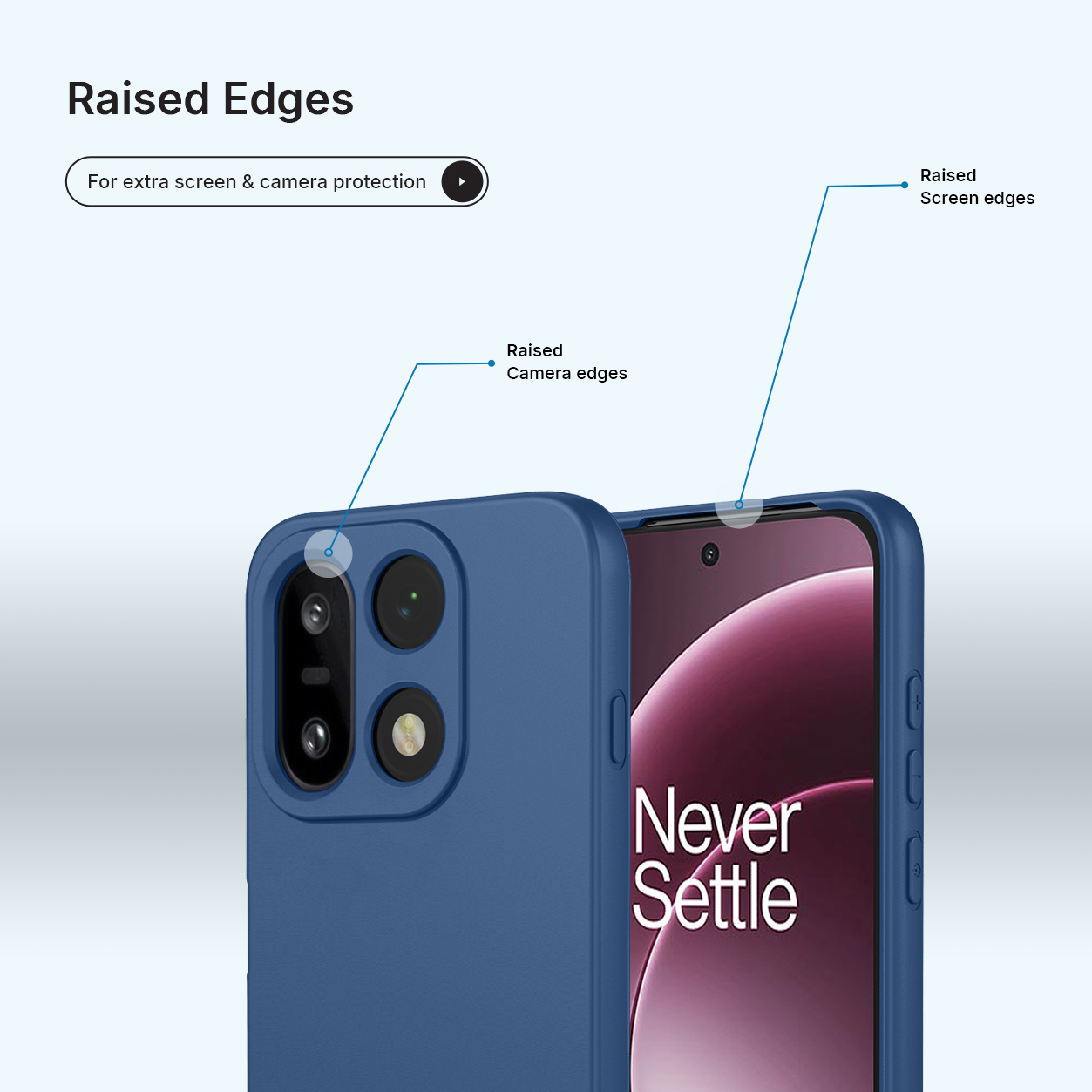 Blauw telefoonhoesje met verhoogde randen voor camera- en schermbescherming.