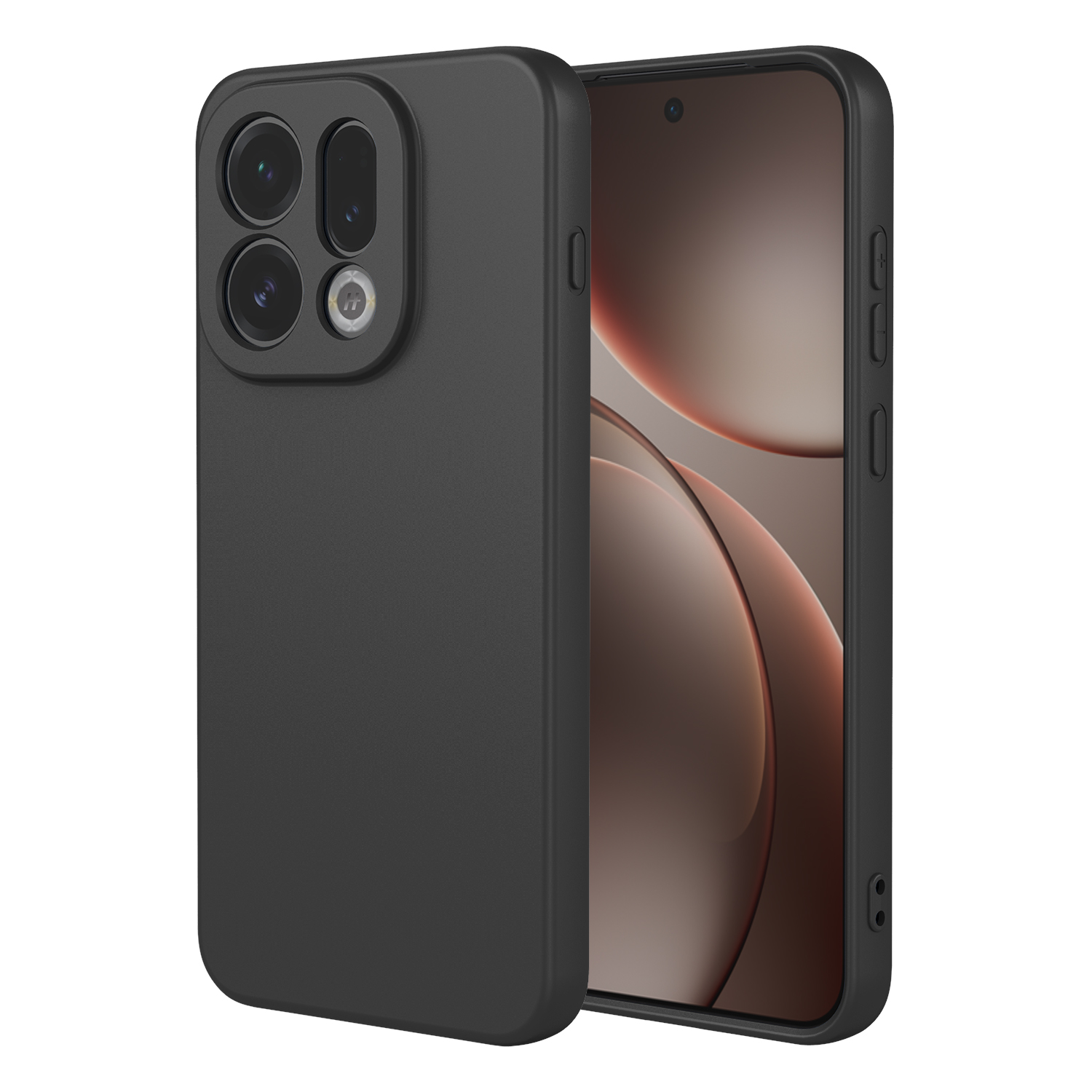 Zwarte smartphone met camera-array aan de achterkant en beschermhoes.
