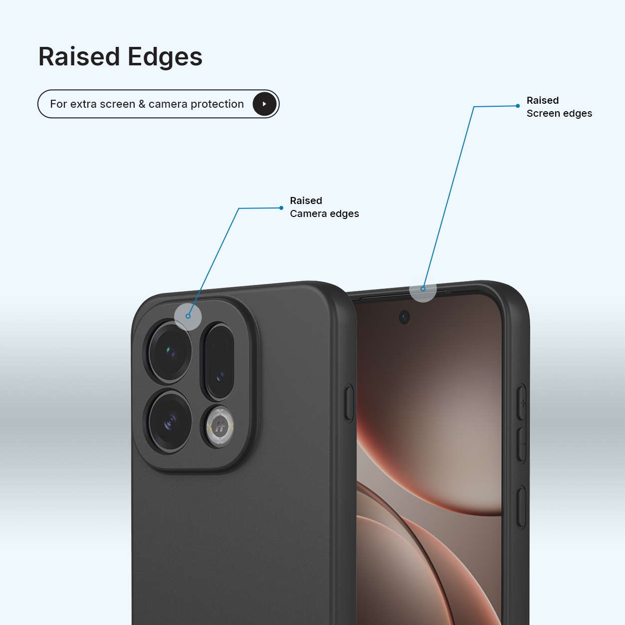 Zwarte telefoonhoes met verhoogde randen voor camera en scherm.