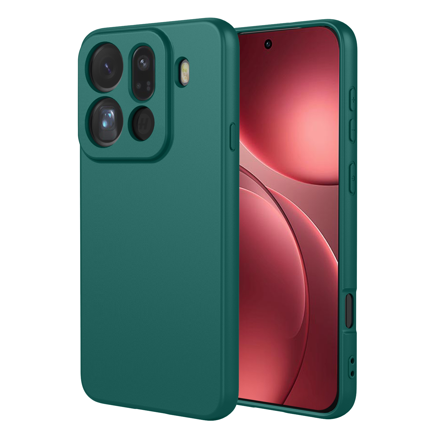 Une coque verte recouvre un smartphone avec fond rouge.