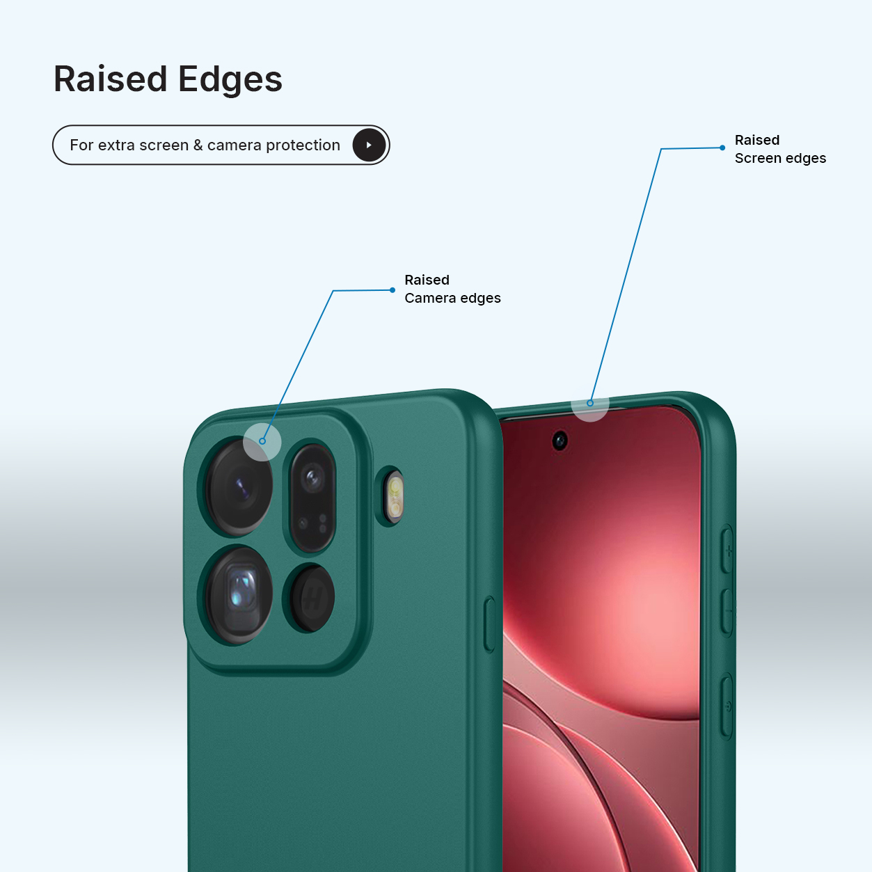 Coque de téléphone verte avec bords surélevés pour protéger caméra et écran.