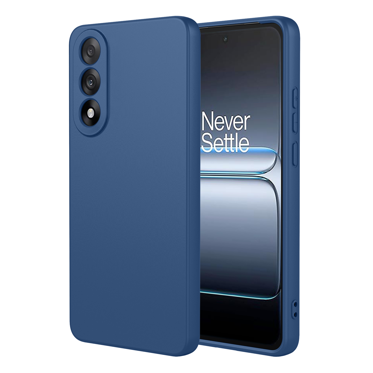 Blauwe telefoonhoes met drie cameralenzen en smartphonescherm.
