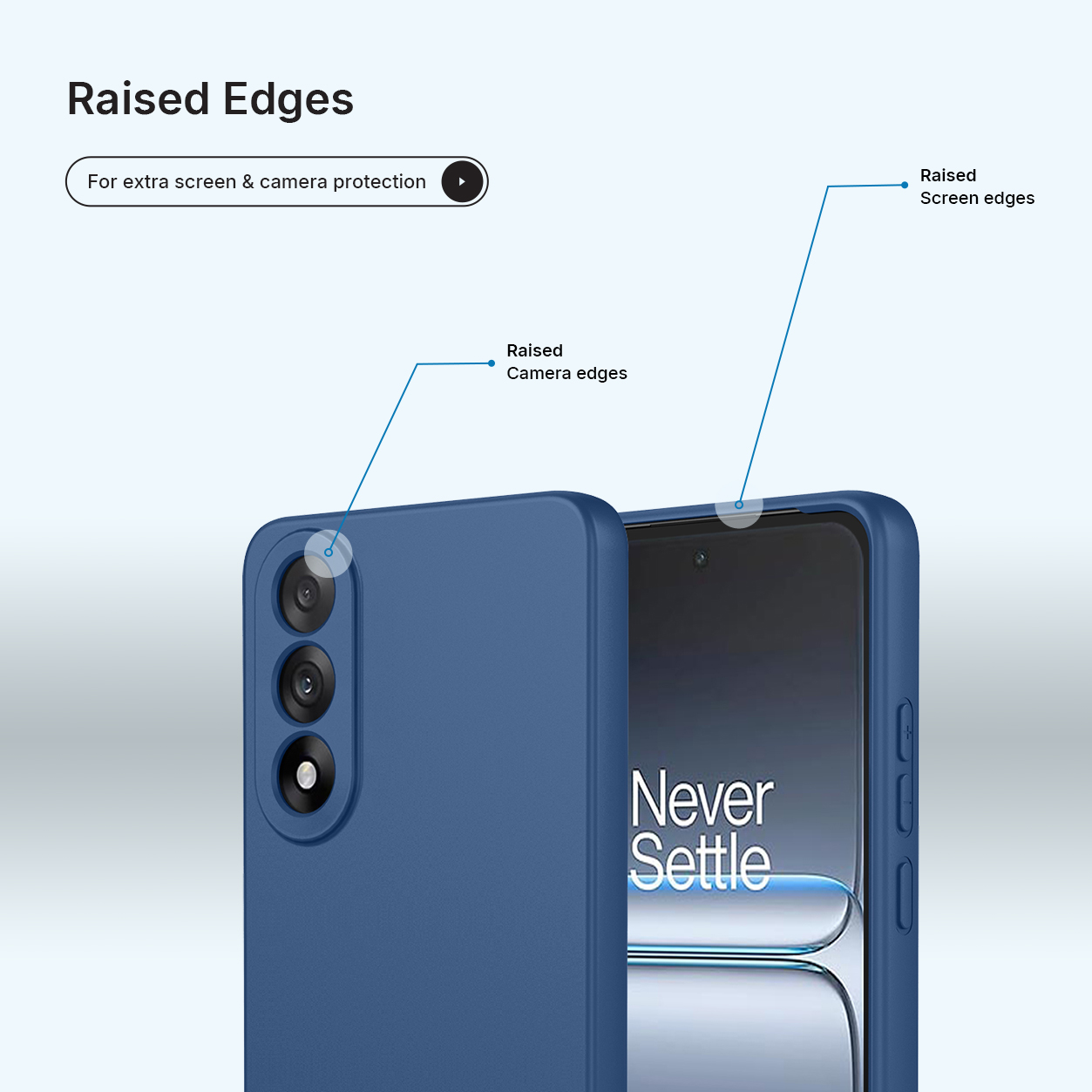 Een blauwe telefoonhoes met verhoogde randen voor camera- en schermbescherming.