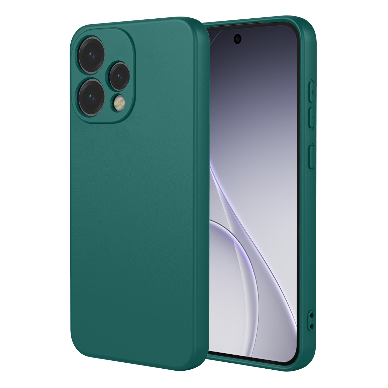 Un étui de téléphone vert est à côté d'un smartphone. Caméras et boutons visibles.