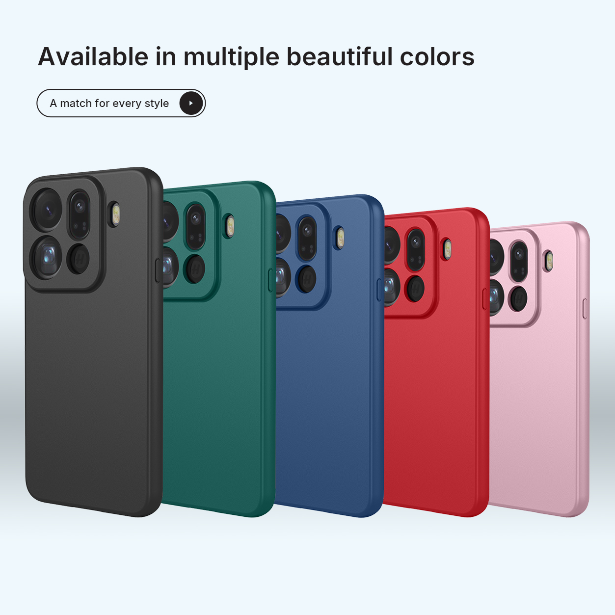 Vijf telefoonhoesjes in zwart, groen, blauw, rood en roze, naast elkaar.