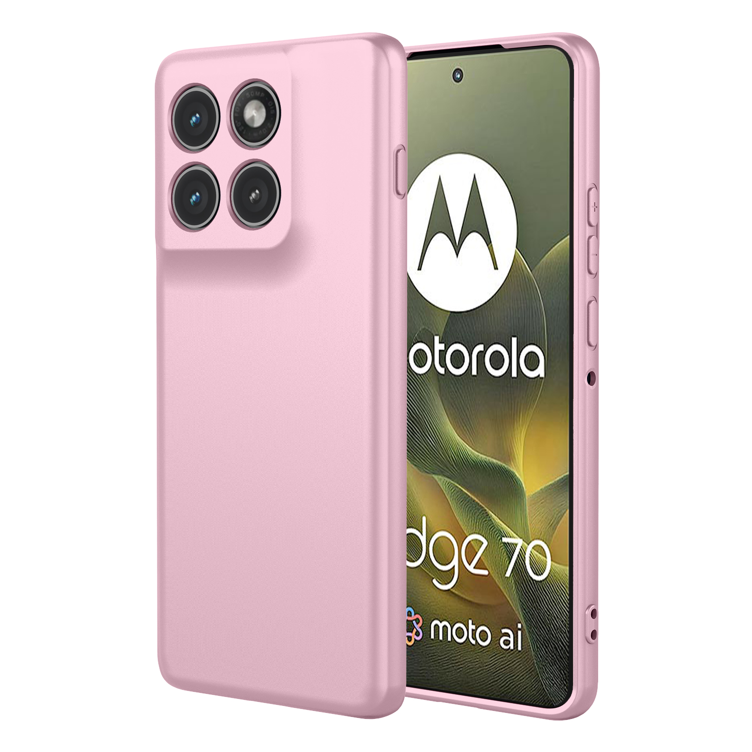 Een roze telefoonhoes met quad-camera en Motorola Edge 70 logo.