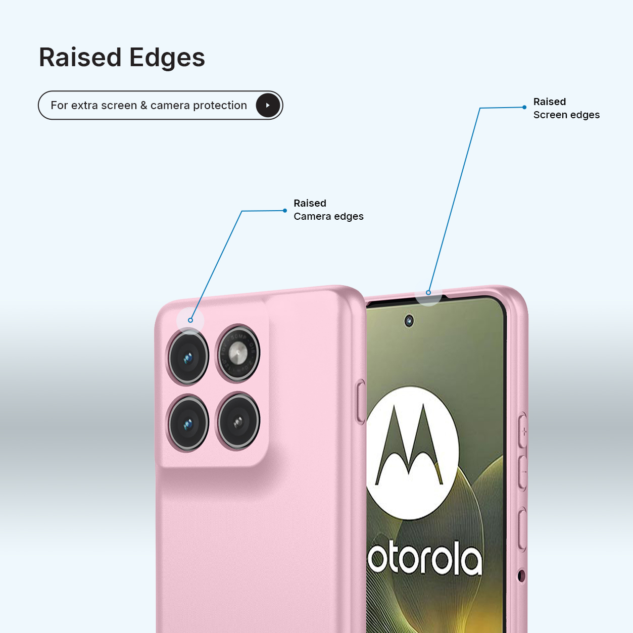 Een roze Motorola telefoonhoes met verhoogde randen ter bescherming van camera en scherm.