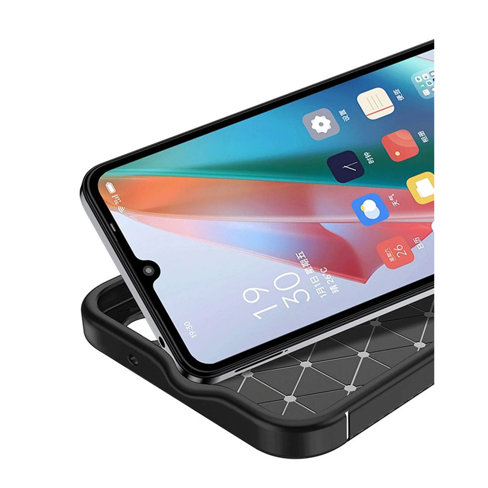 Geometrik desenli siyah akıllı telefon kılıfı, telefon ekranı görünüyor.