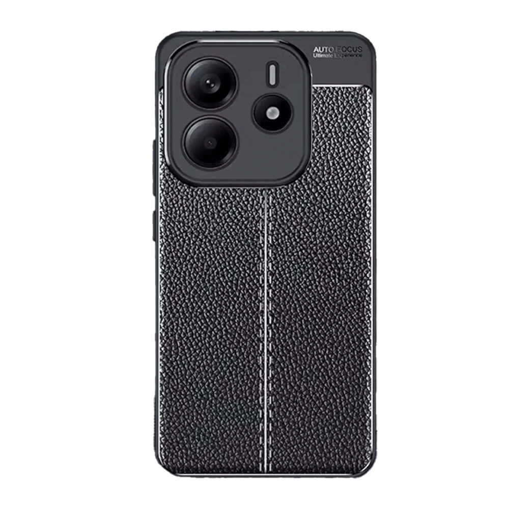 Üçlü kamera lensli, siyah, deri dokulu telefon kılıfı.