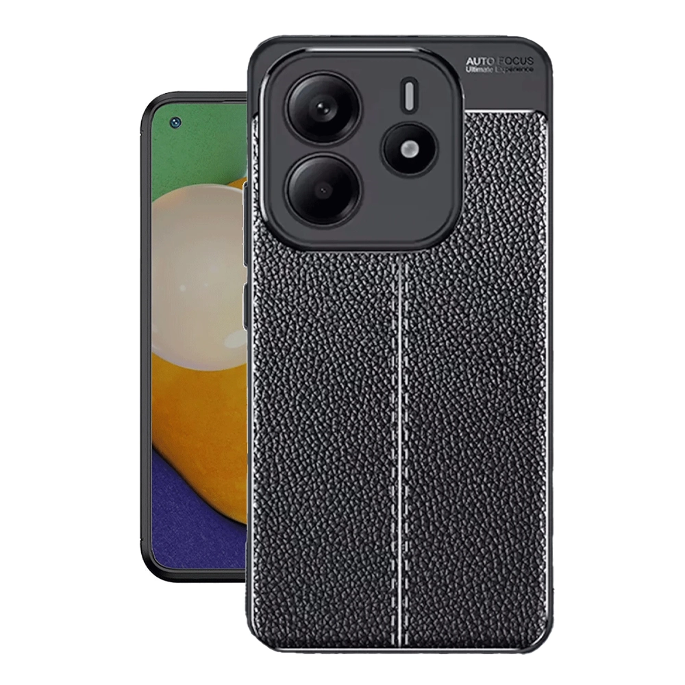 Kamera kesimli siyah deri dokulu telefon kılıfı, yanında bir akıllı telefon.