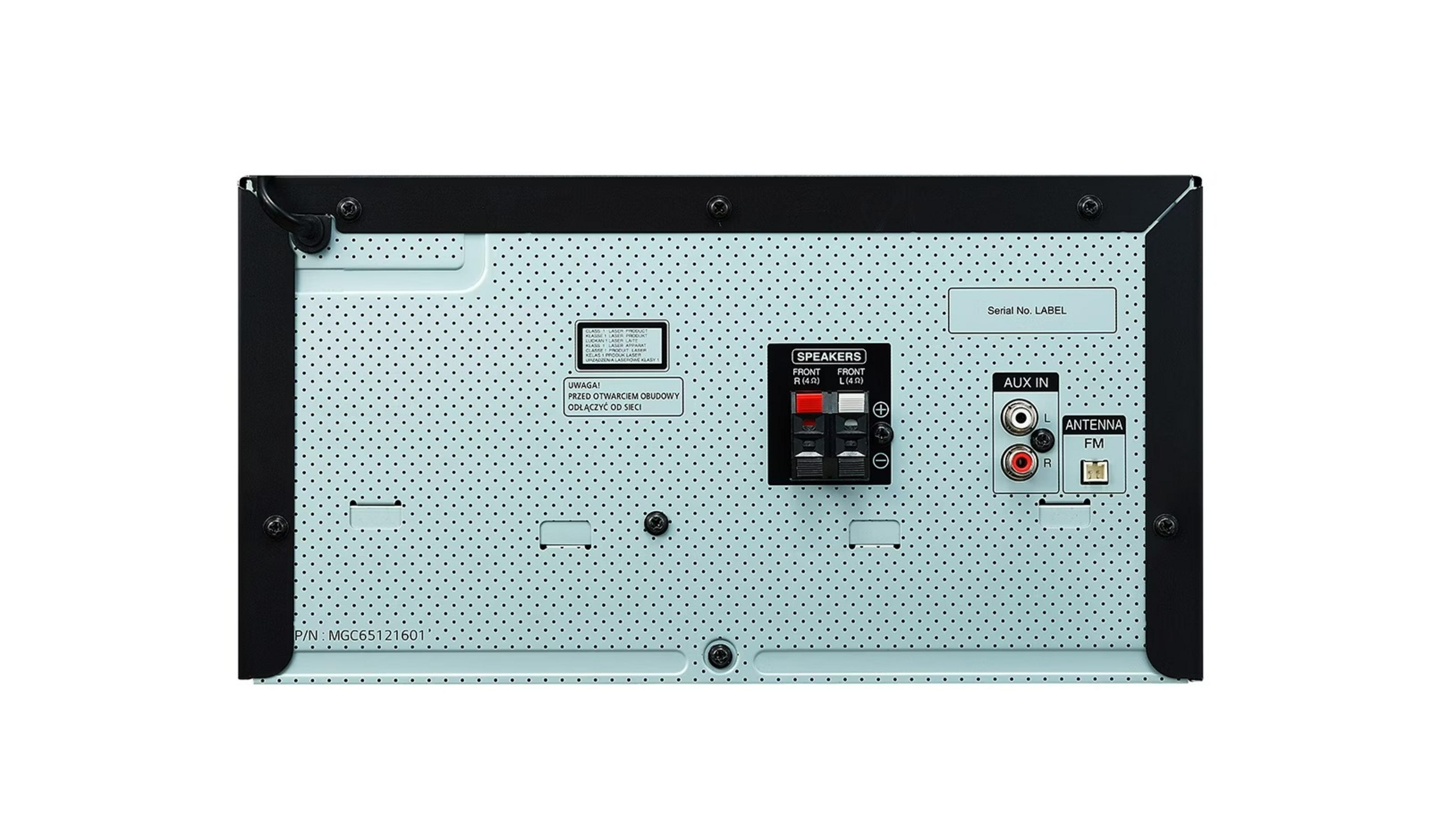 Vista trasera de un dispositivo de audio con conexiones para altavoz, entrada auxiliar y antena.