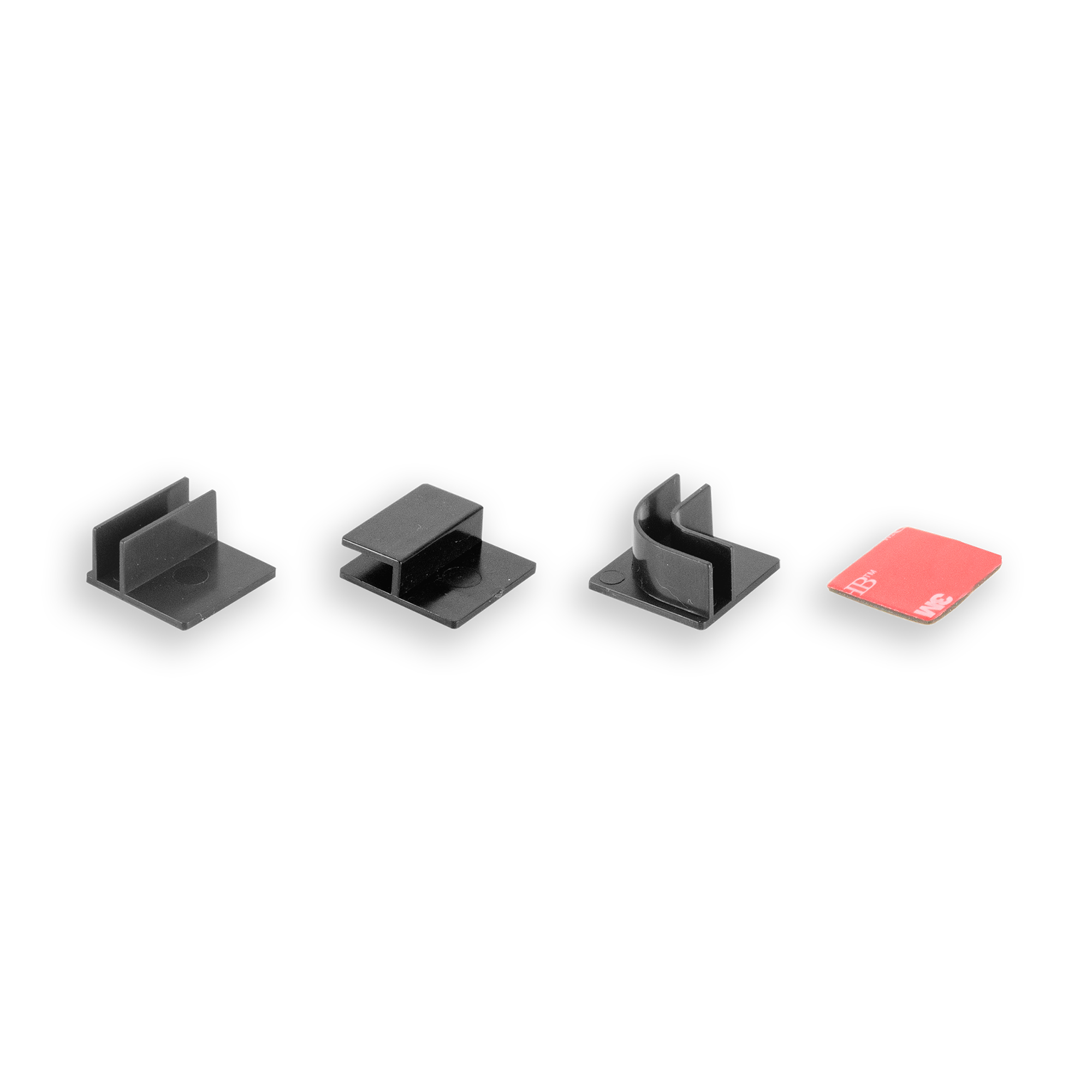 Cuatro clips de montaje de plástico negro y una tira adhesiva 3M roja sobre fondo blanco.