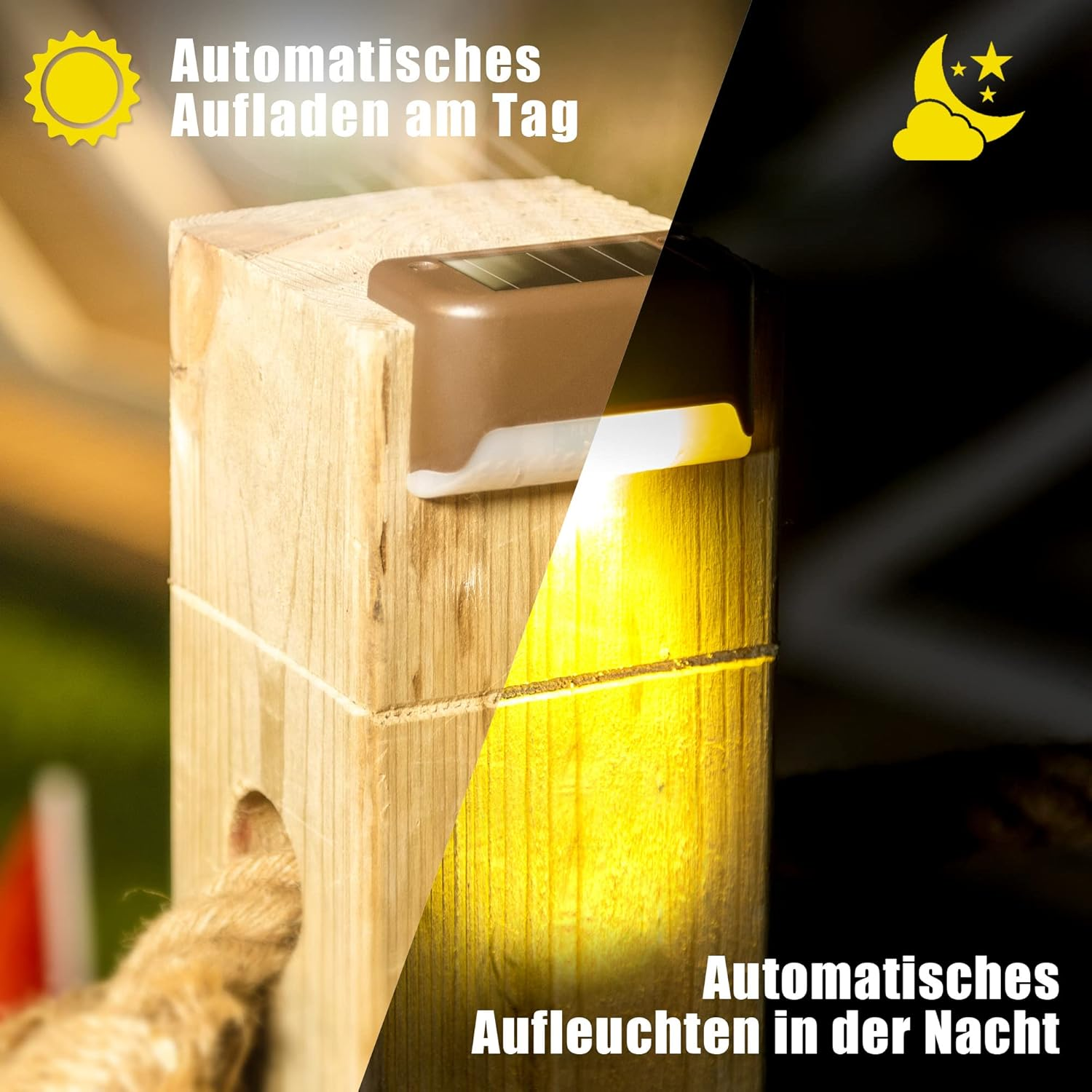 Solarleuchte am Holzpfosten: Lädt tagsüber auf, leuchtet nachts.