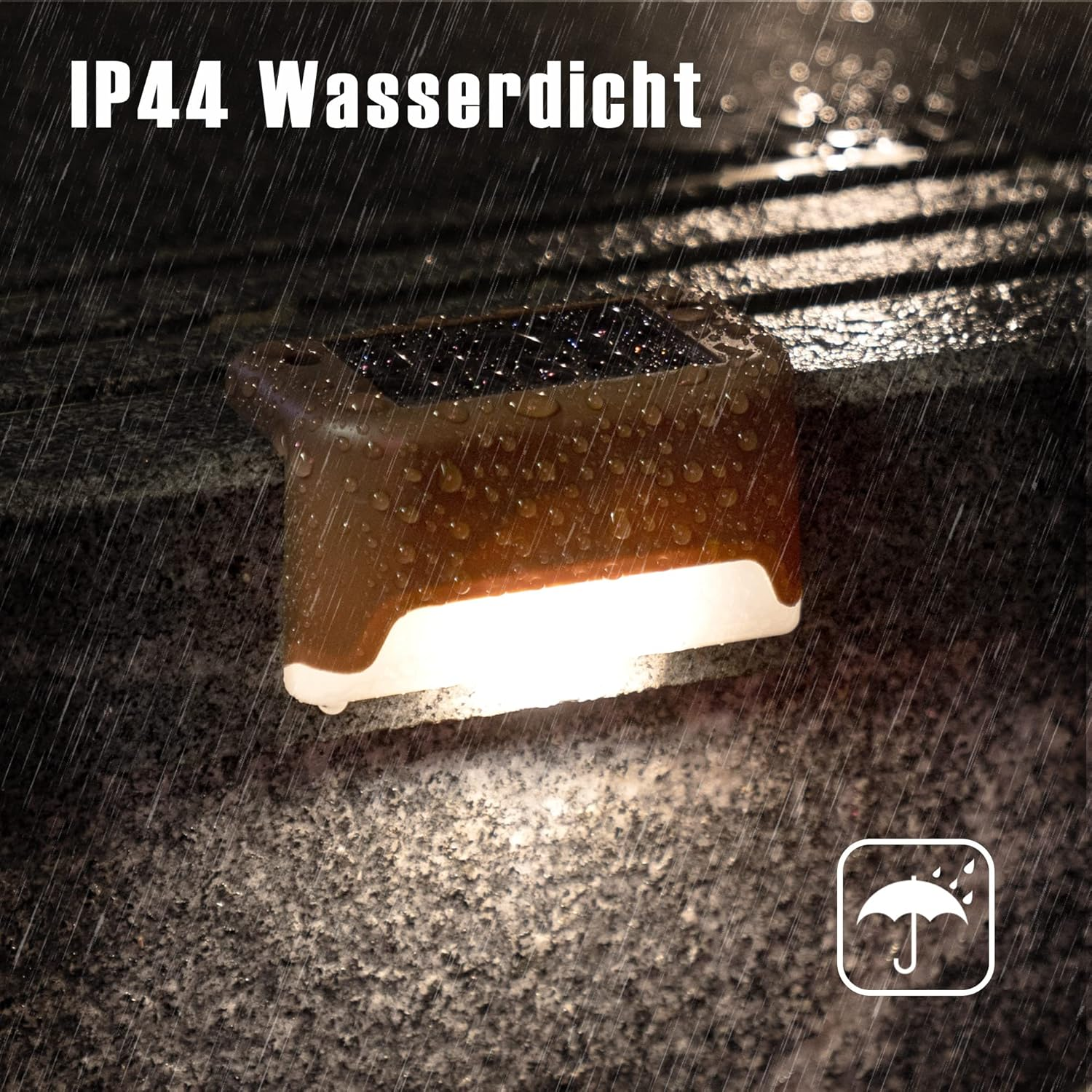 IP44 Wasserdichte Lampe im Regen, mit Regenschirm-Symbol.