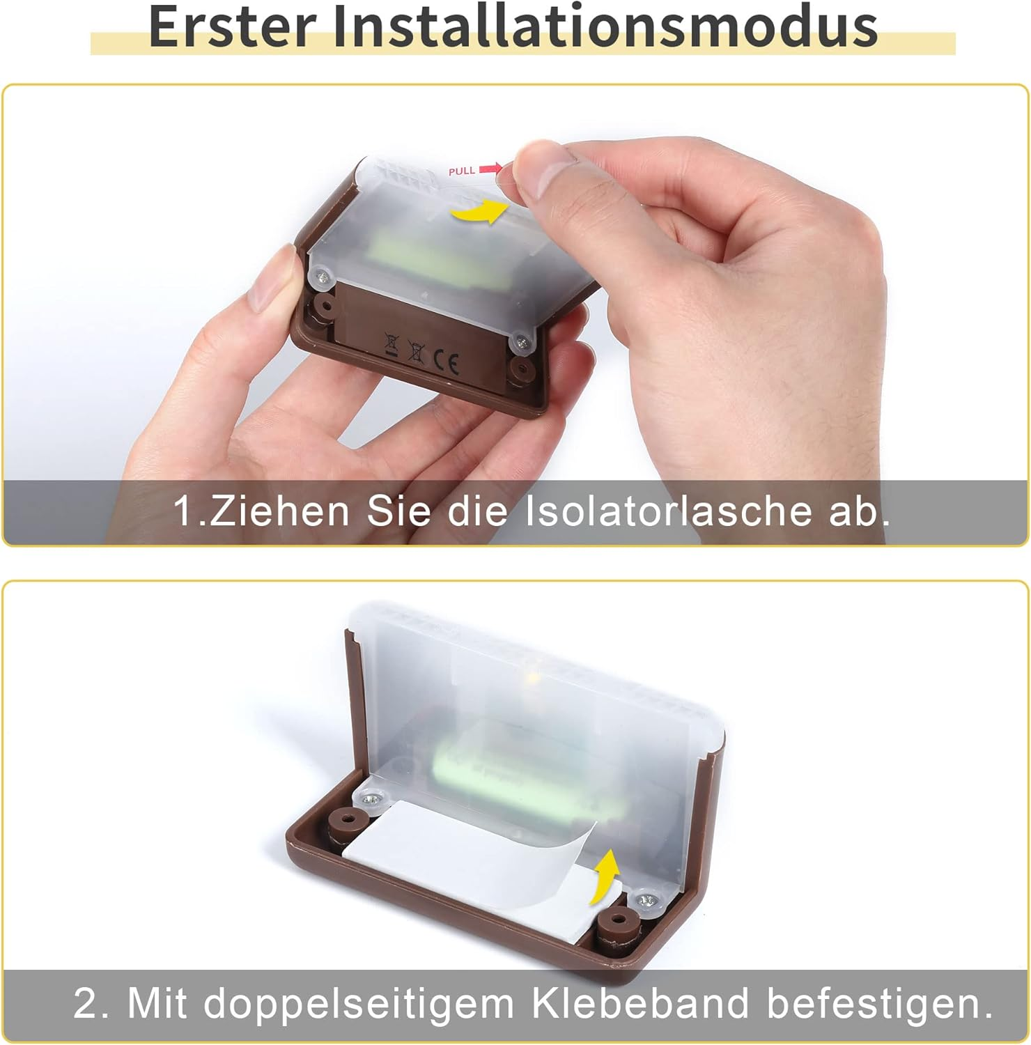 Isolatorlasche wird aus einem braunen Gerät gezogen. Klebeband wird angebracht.