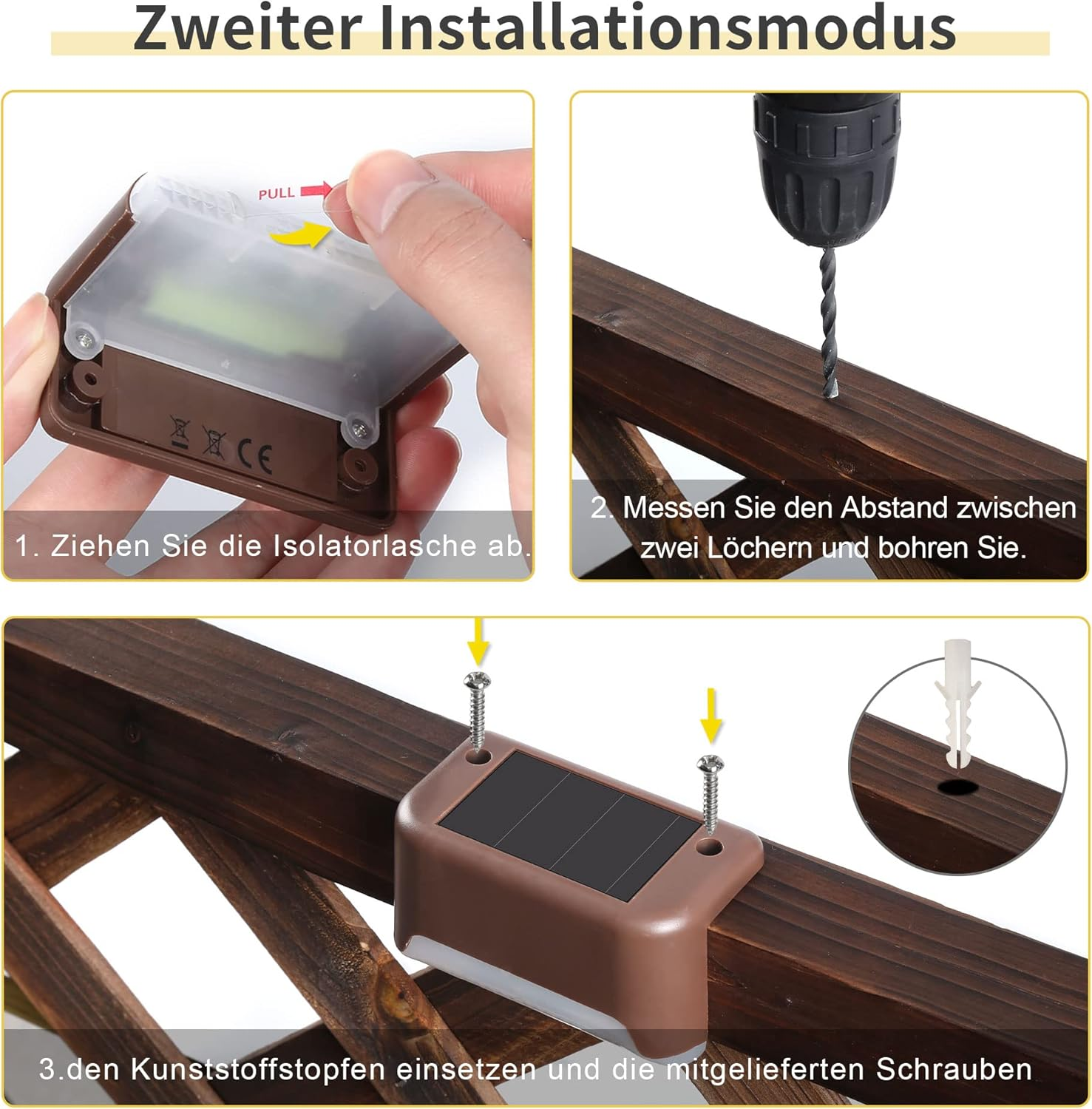 Anleitung zum Anbringen einer Lampe: Isolator ziehen, bohren, Schrauben eindrehen.