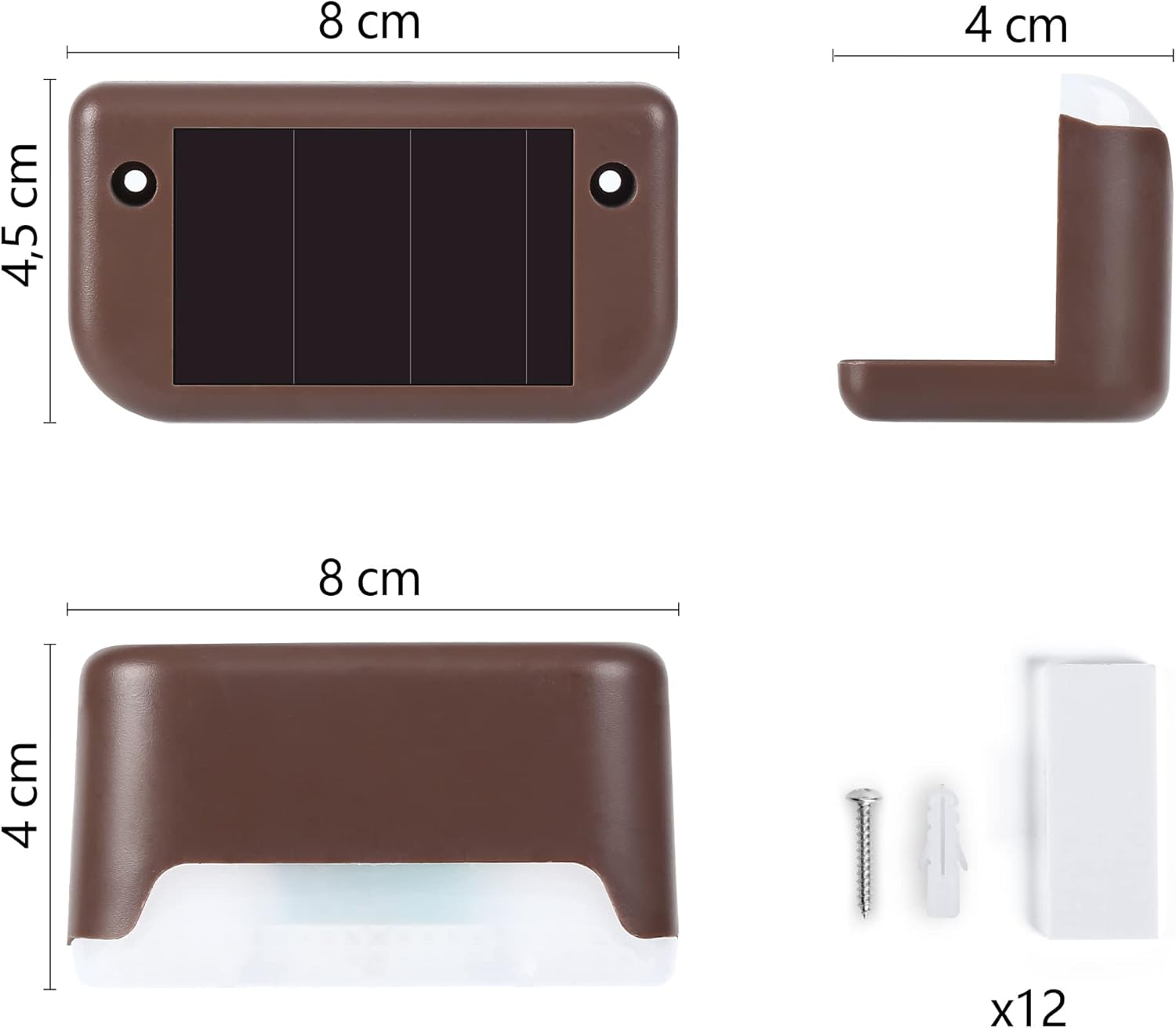 Braune Solarleuchten mit weißen Lichtern, Maße 8x4,5cm und L-förmig.