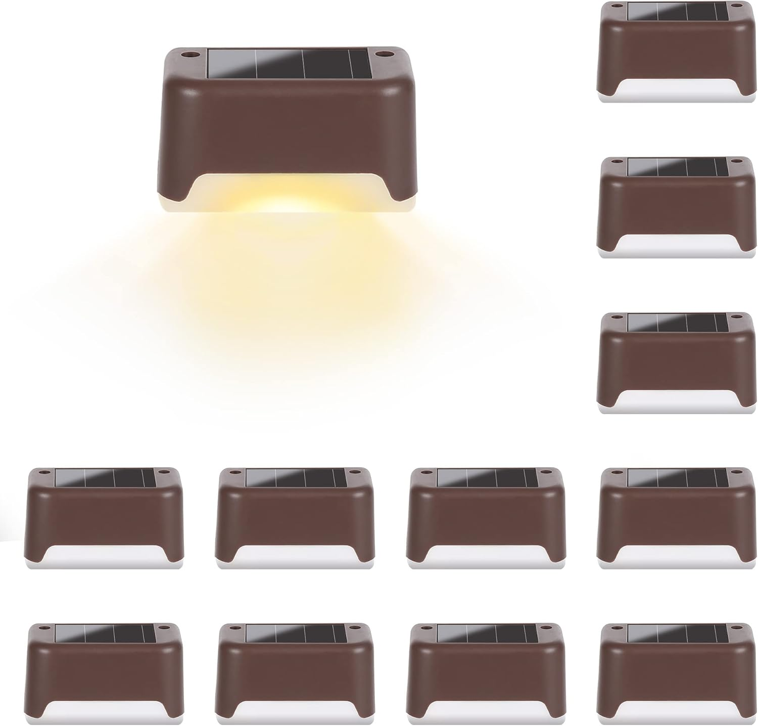 Zehn braune Solarleuchten mit weißem Boden, auf weißem Hintergrund.