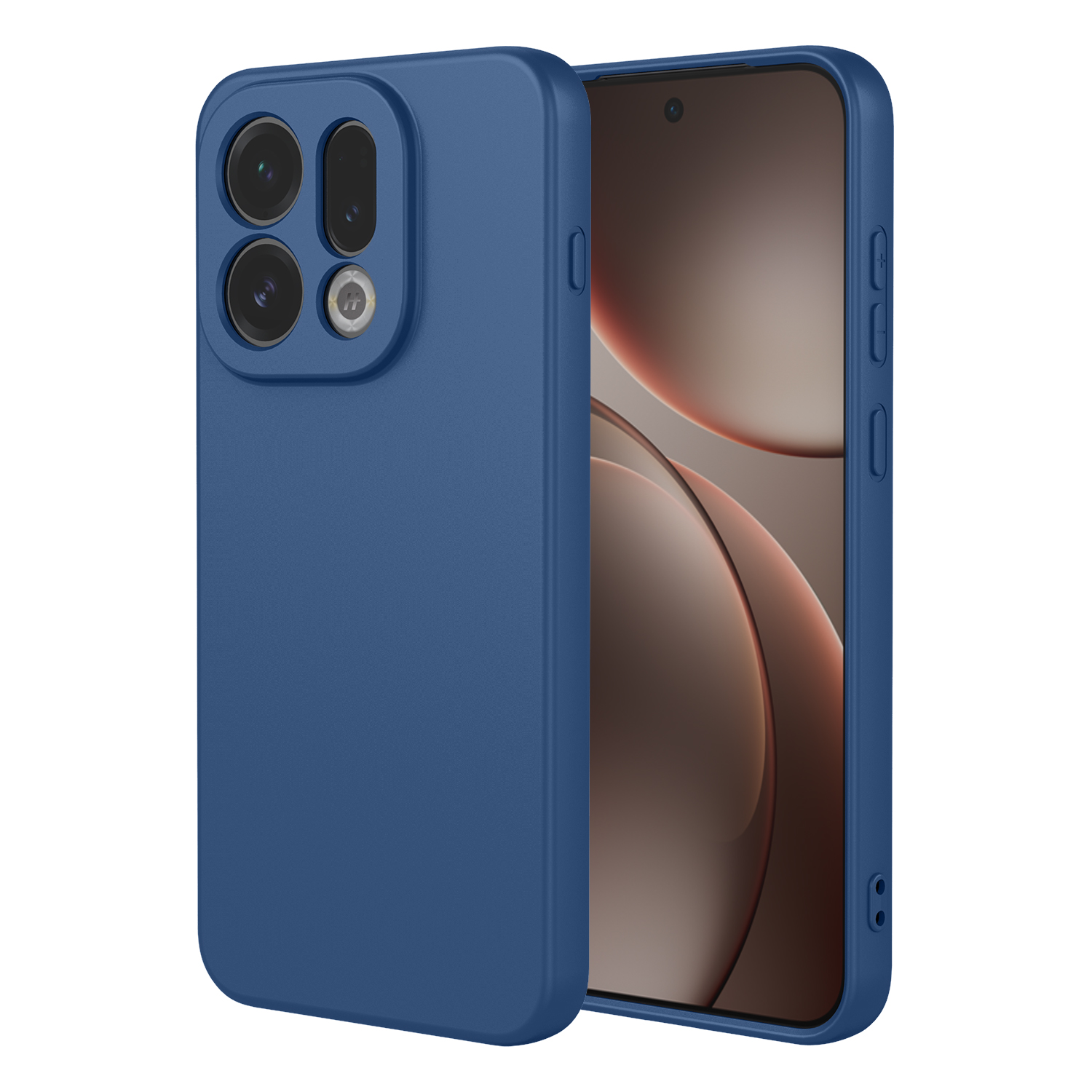 Blauw telefoonhoesje met camera-uitsparing naast een telefoonscherm.