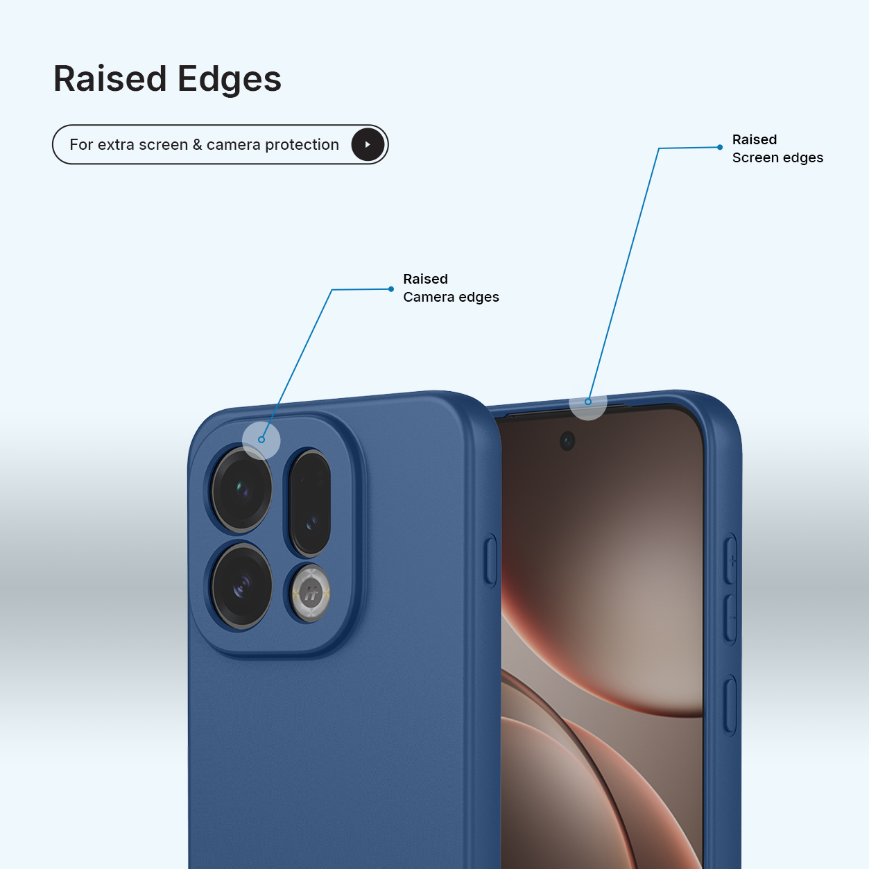 Blauw telefoonhoesje met verhoogde randen voor camera- en schermbescherming.