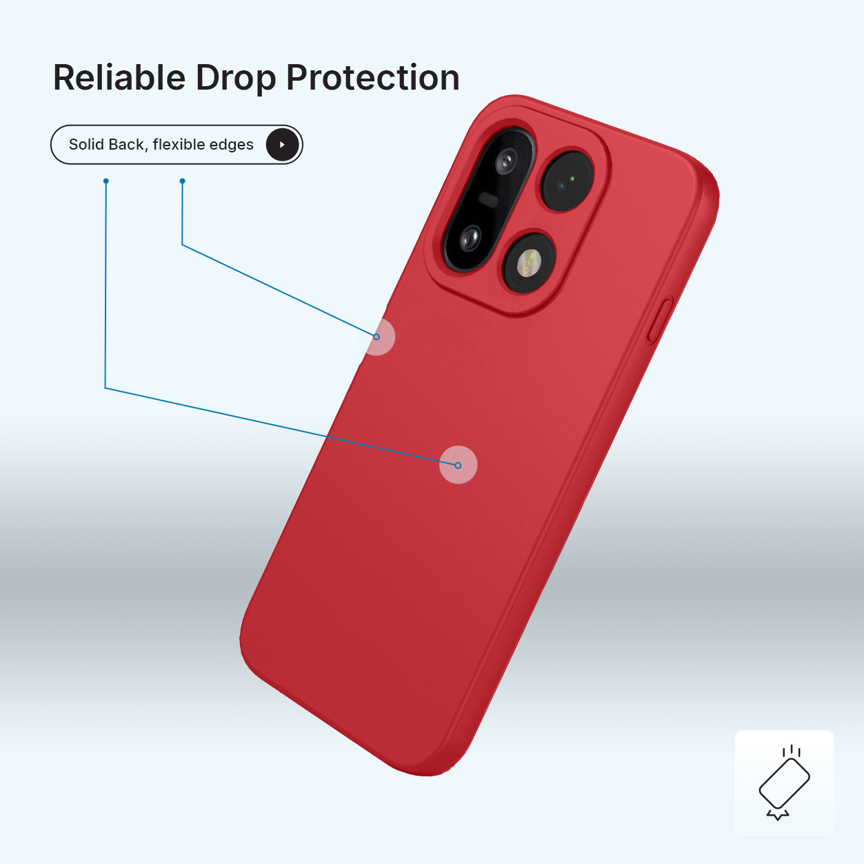 Rode telefoonhoes met cameralenzen en tekst 'Solid Back, flexible edges'.