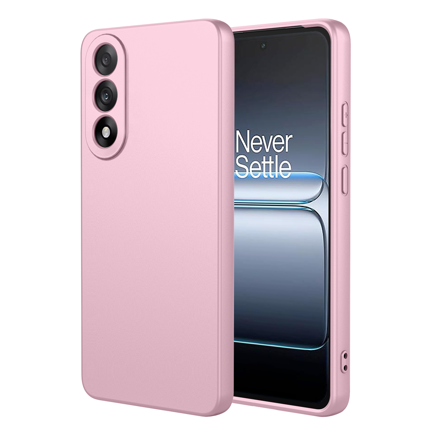 Een roze telefoonhoes met drie cameralenzen en een telefoonscherm.