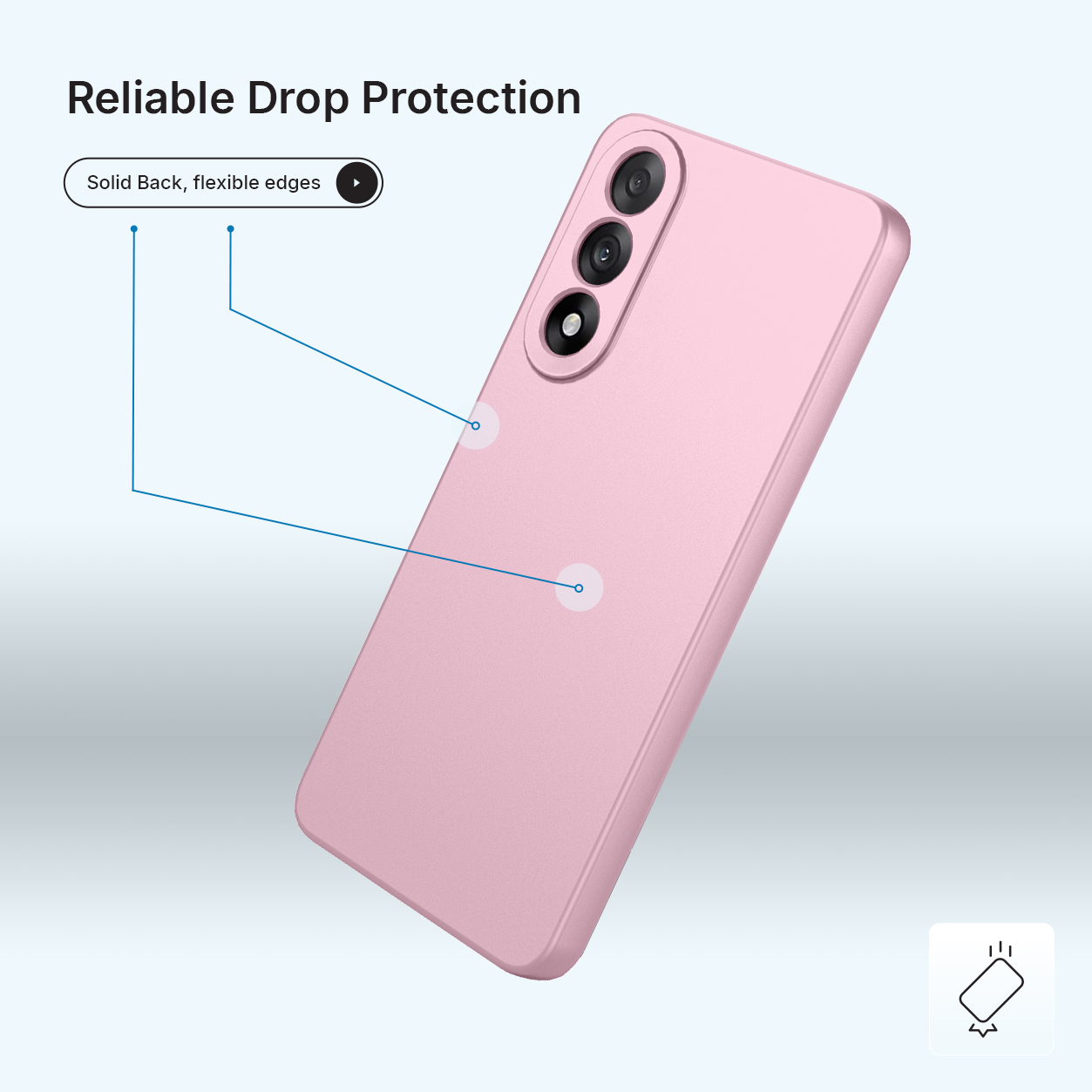 Een roze telefoonhoes met cameralens. "Betrouwbare valbescherming".