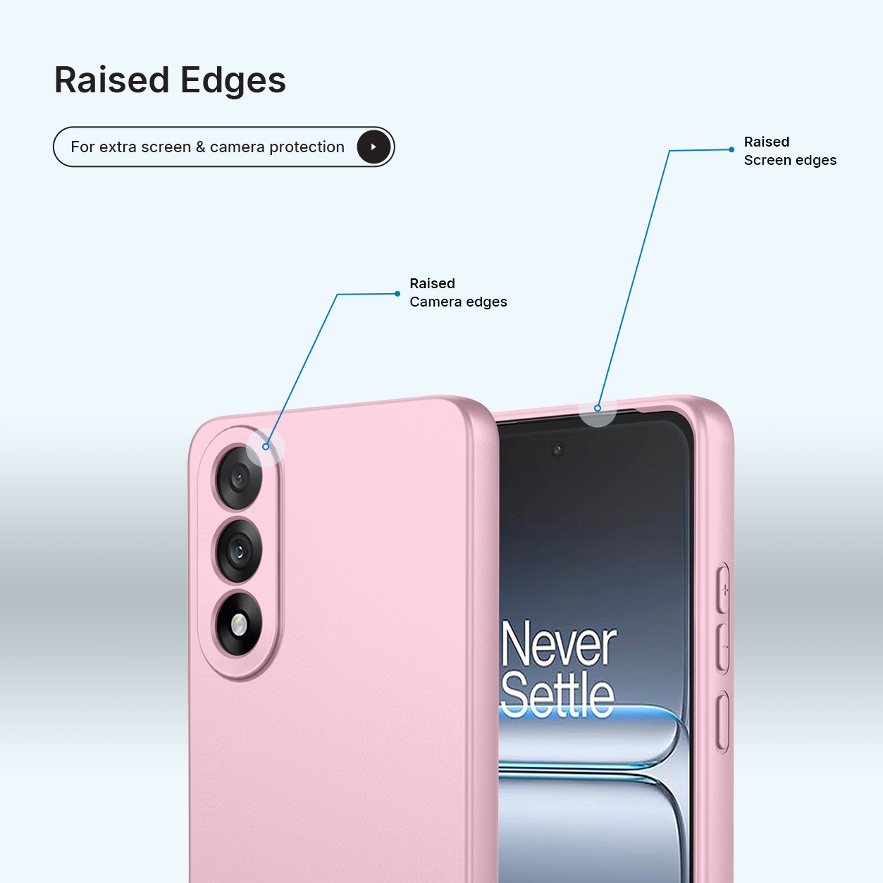 Een roze telefoonhoes met verhoogde randen ter bescherming van camera en scherm.