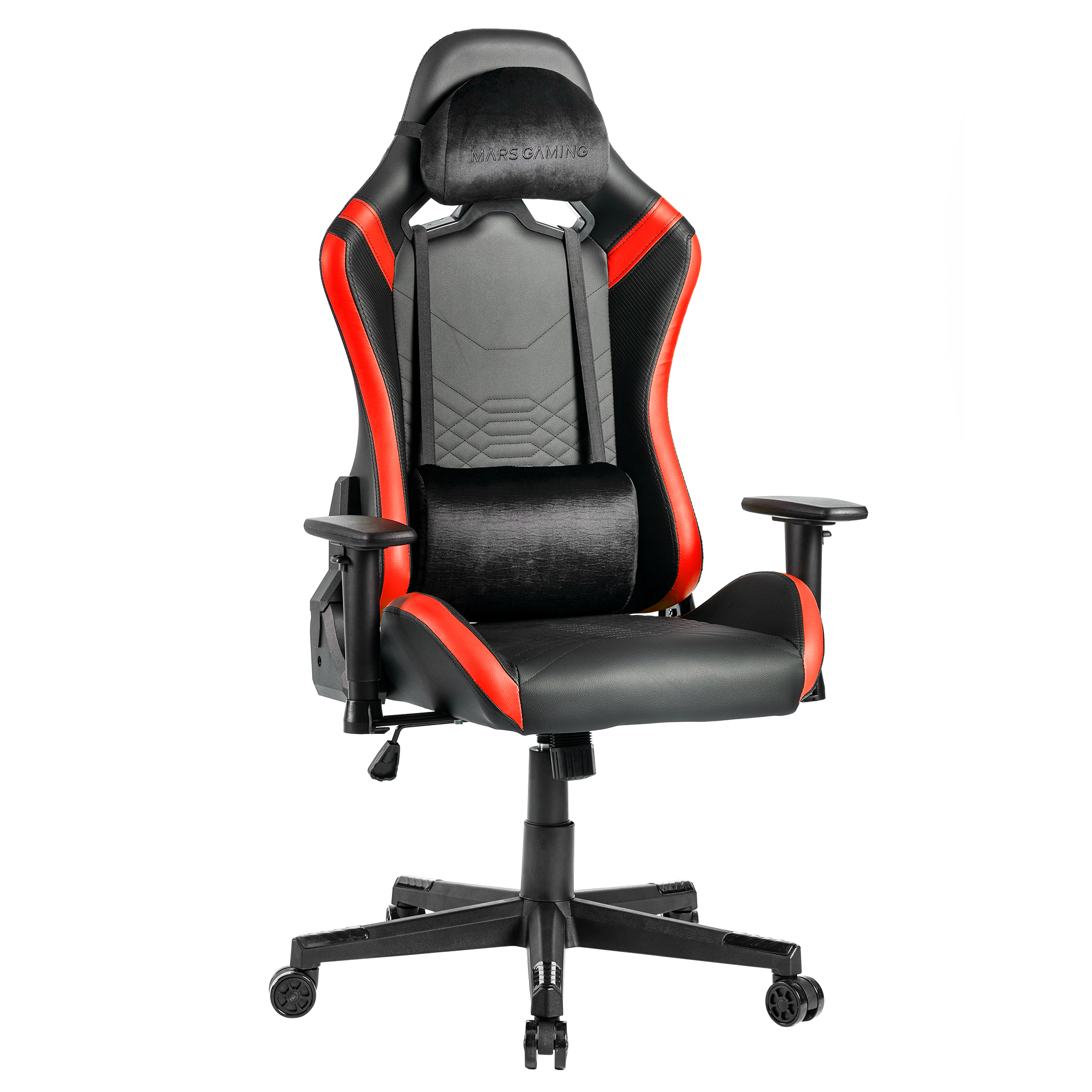 Una silla gamer negra con detalles rojos y soporte lumbar.