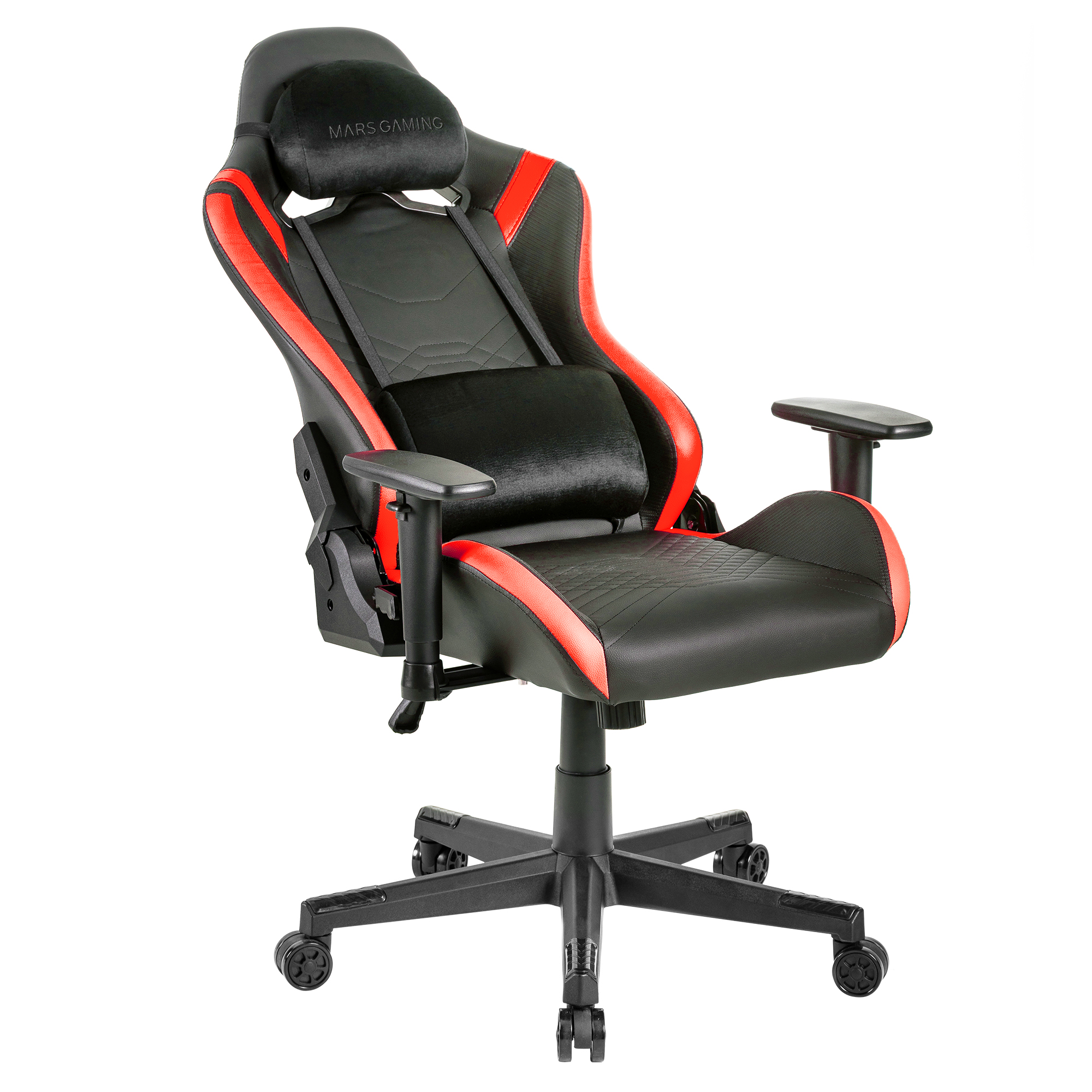 Silla gamer negra con acentos rojos y reposabrazos ajustables.