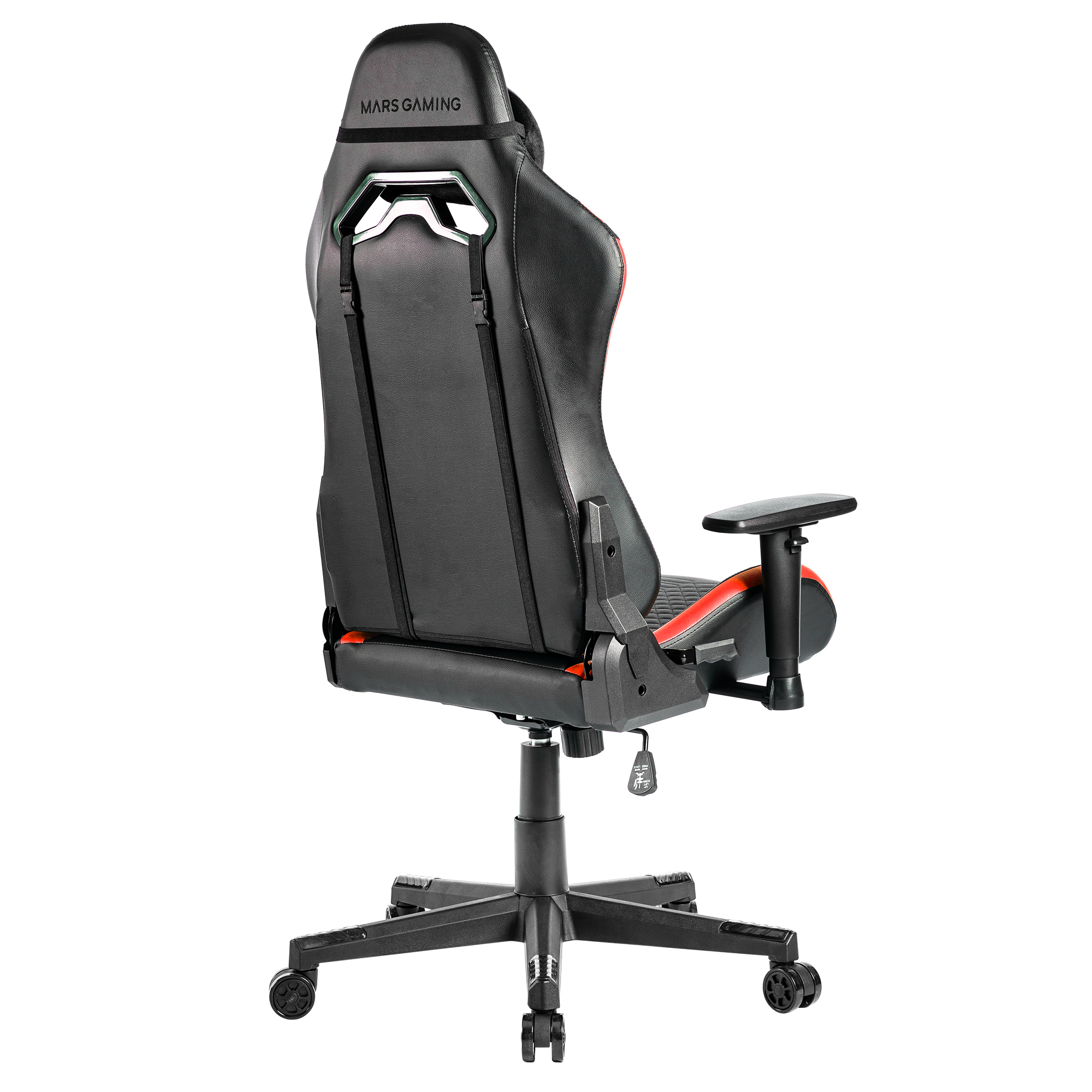 Una silla gamer negra con detalles rojos, vista desde atrás, con ruedas.