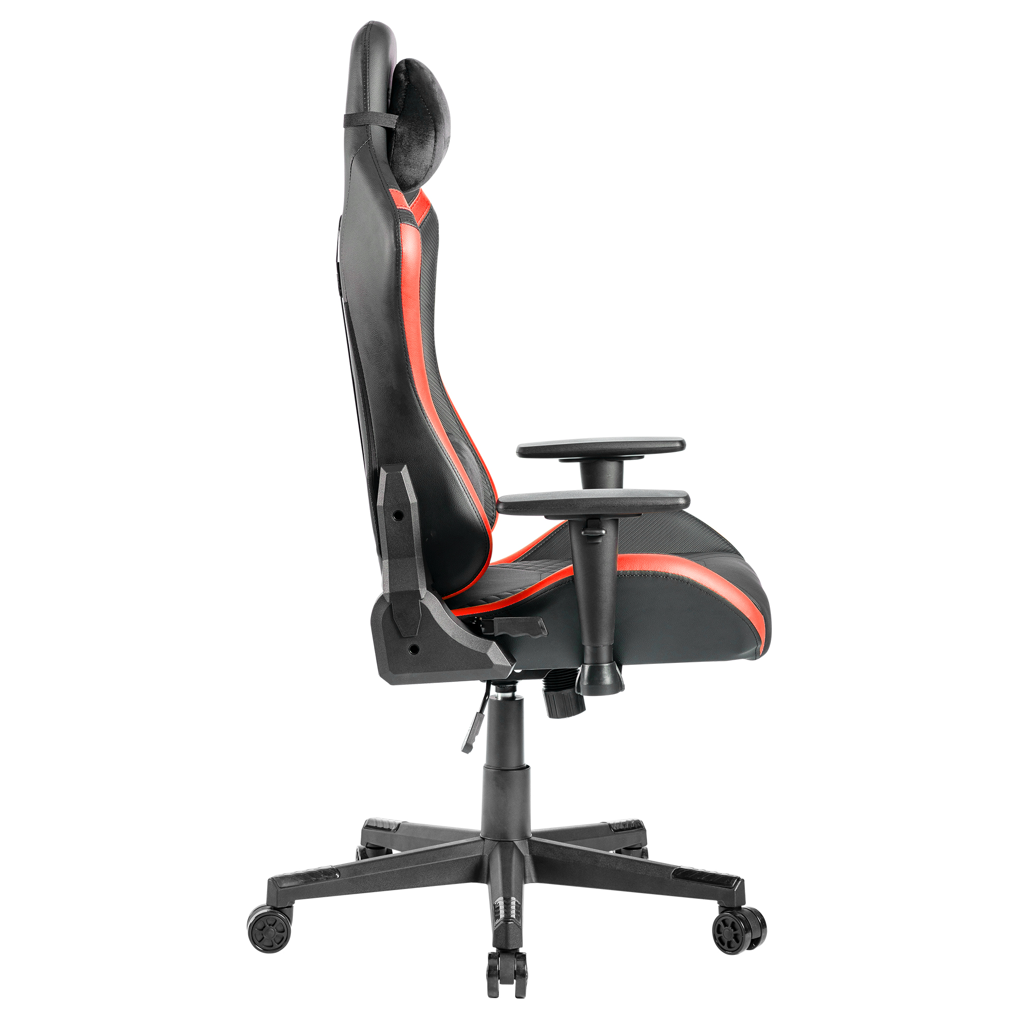 Silla gamer negra con detalles rojos, vista de lado.