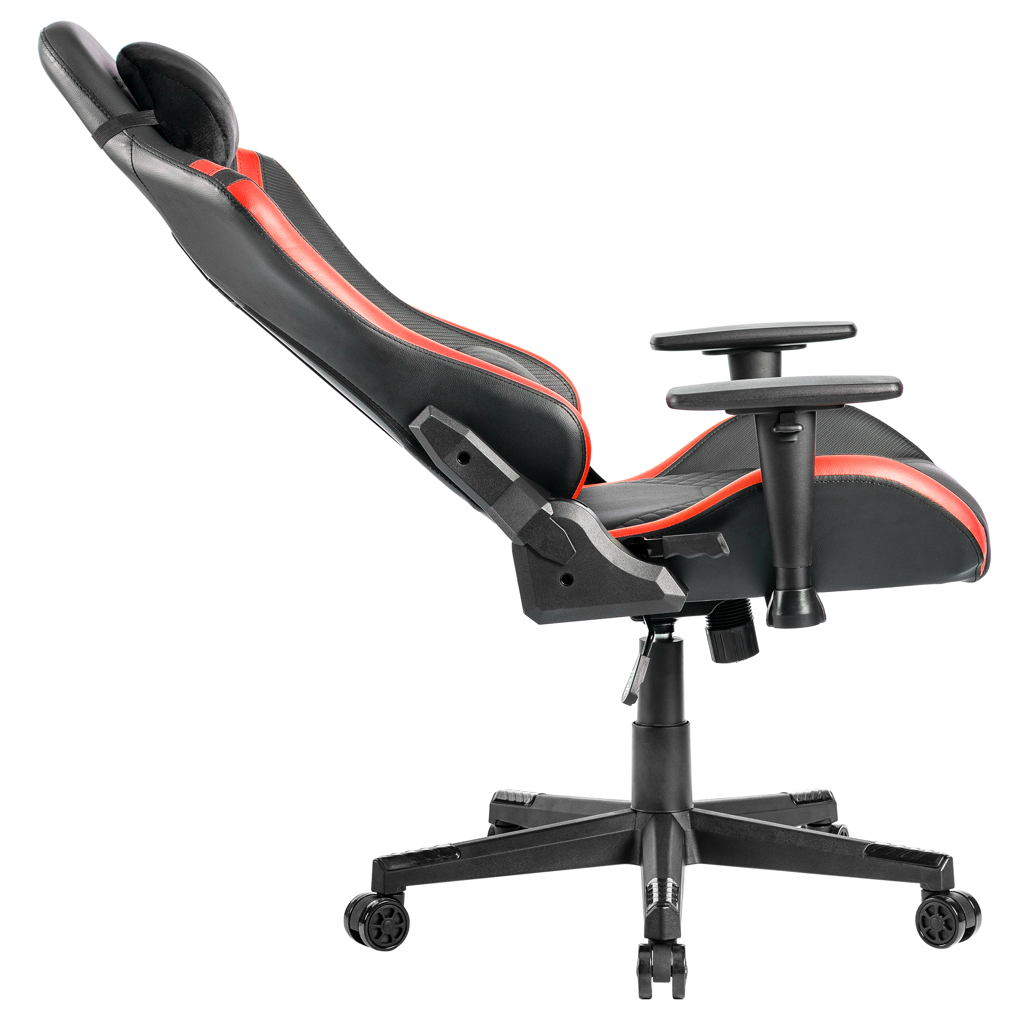 Una silla gamer negra con detalles rojos y reposabrazos ajustables.