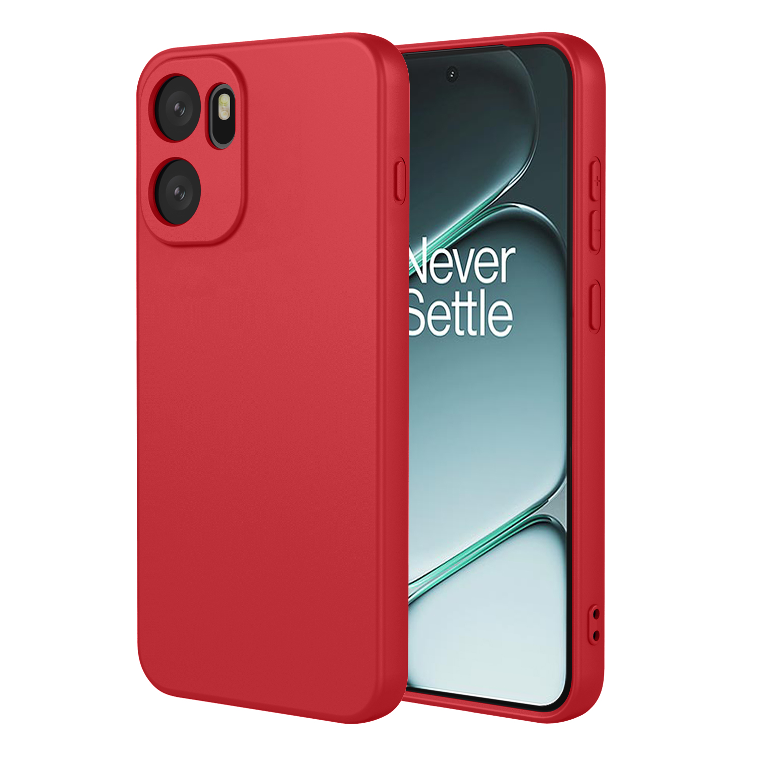 Coque rouge avec téléphone, appareil photo arrière, sur fond blanc.