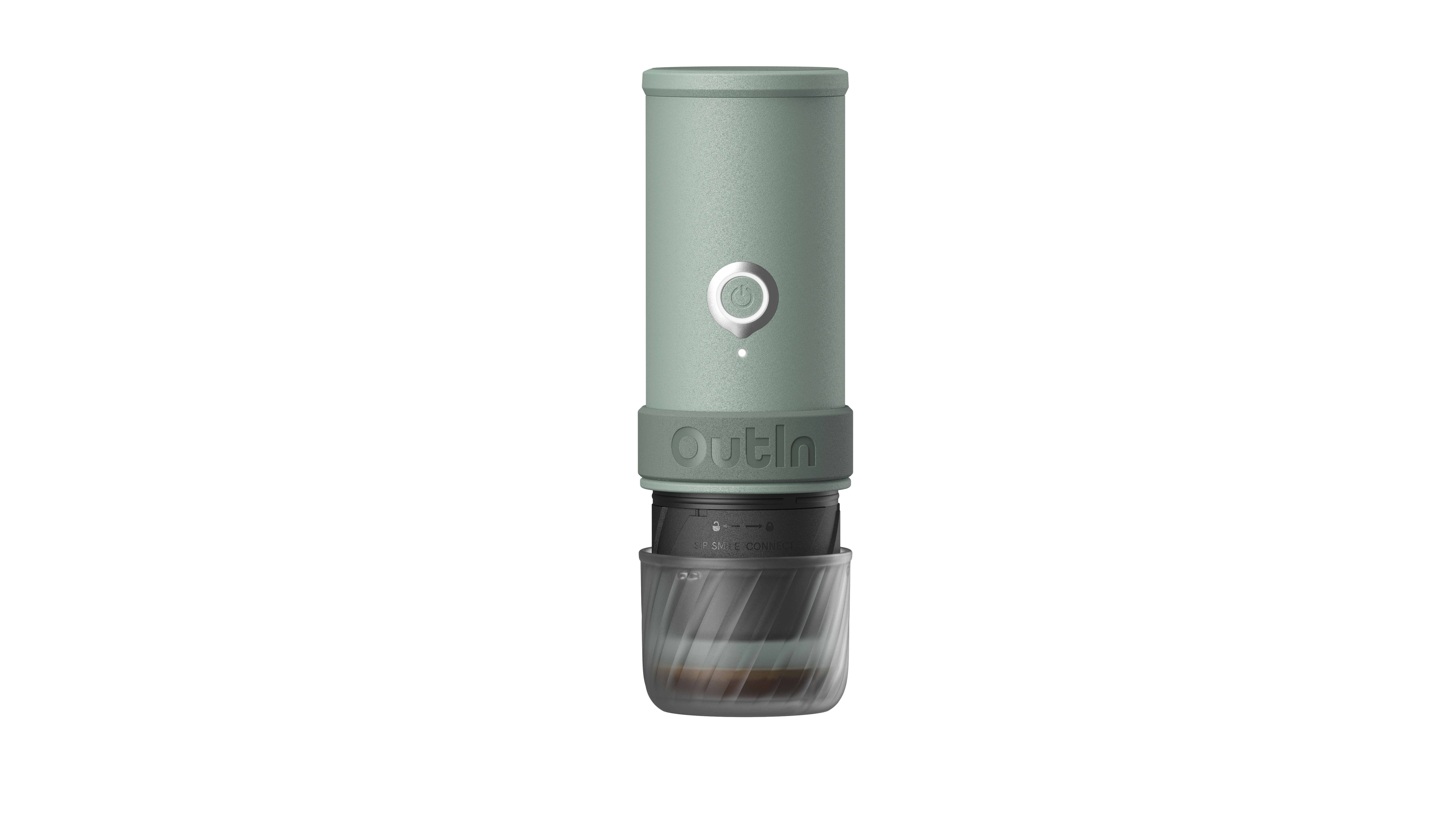 Eine grüne Kaffeemühle mit einem transparenten Behälter, der Kaffeepulver enthält.