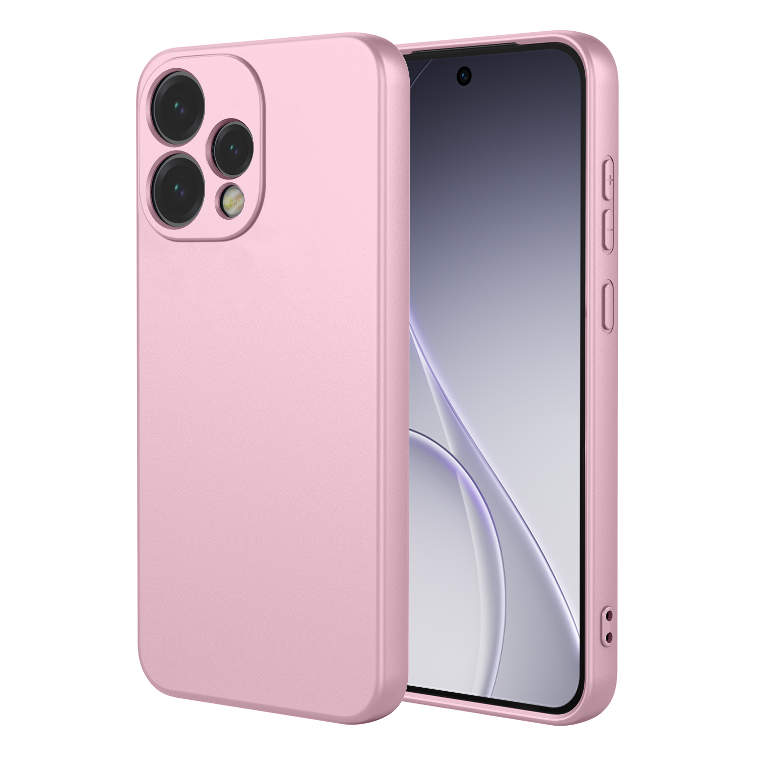 Une coque de téléphone rose montrant trois caméras et un téléphone à écran gris.