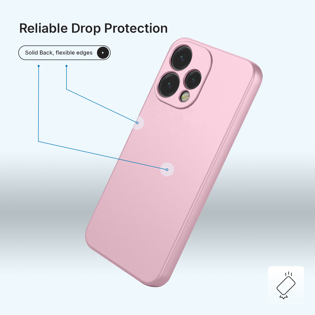 Une coque de téléphone rose avec découpe caméra. "Protection fiable contre les chutes"