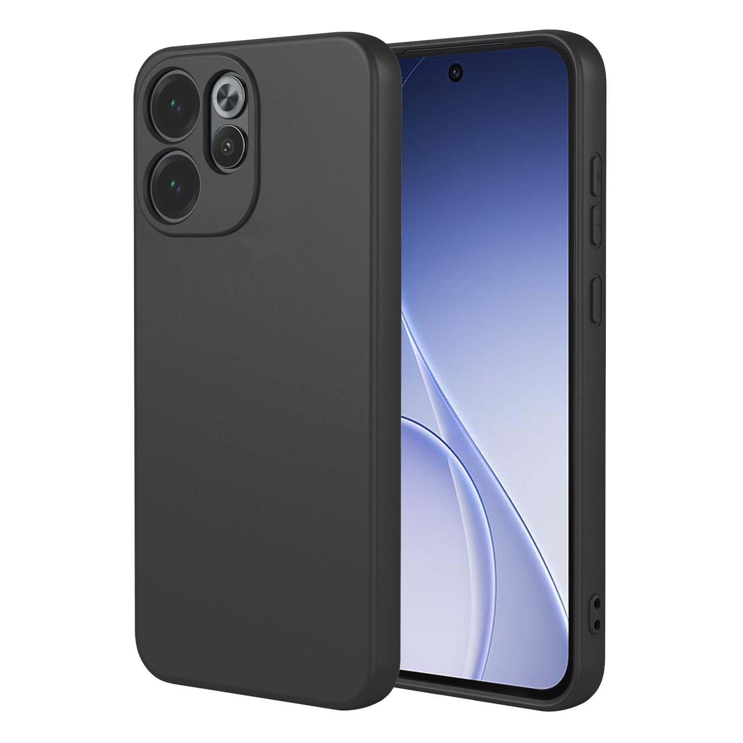 Zwarte telefoonhoes met drie camera lenzen achteraan en een smartphone display.