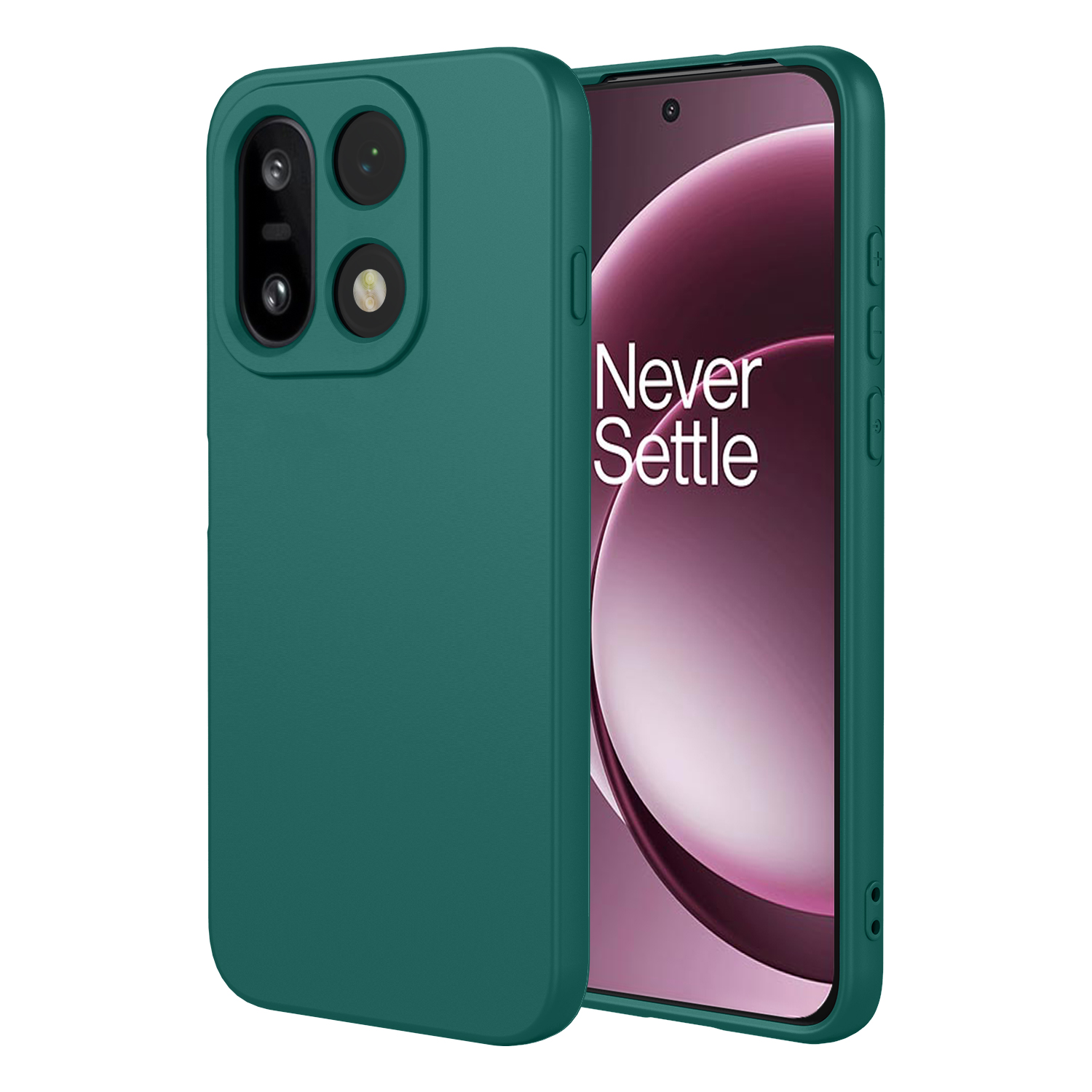 Groene telefoonhoes met camera-uitsparing, ernaast een telefoon met 'Never Settle'-logo.