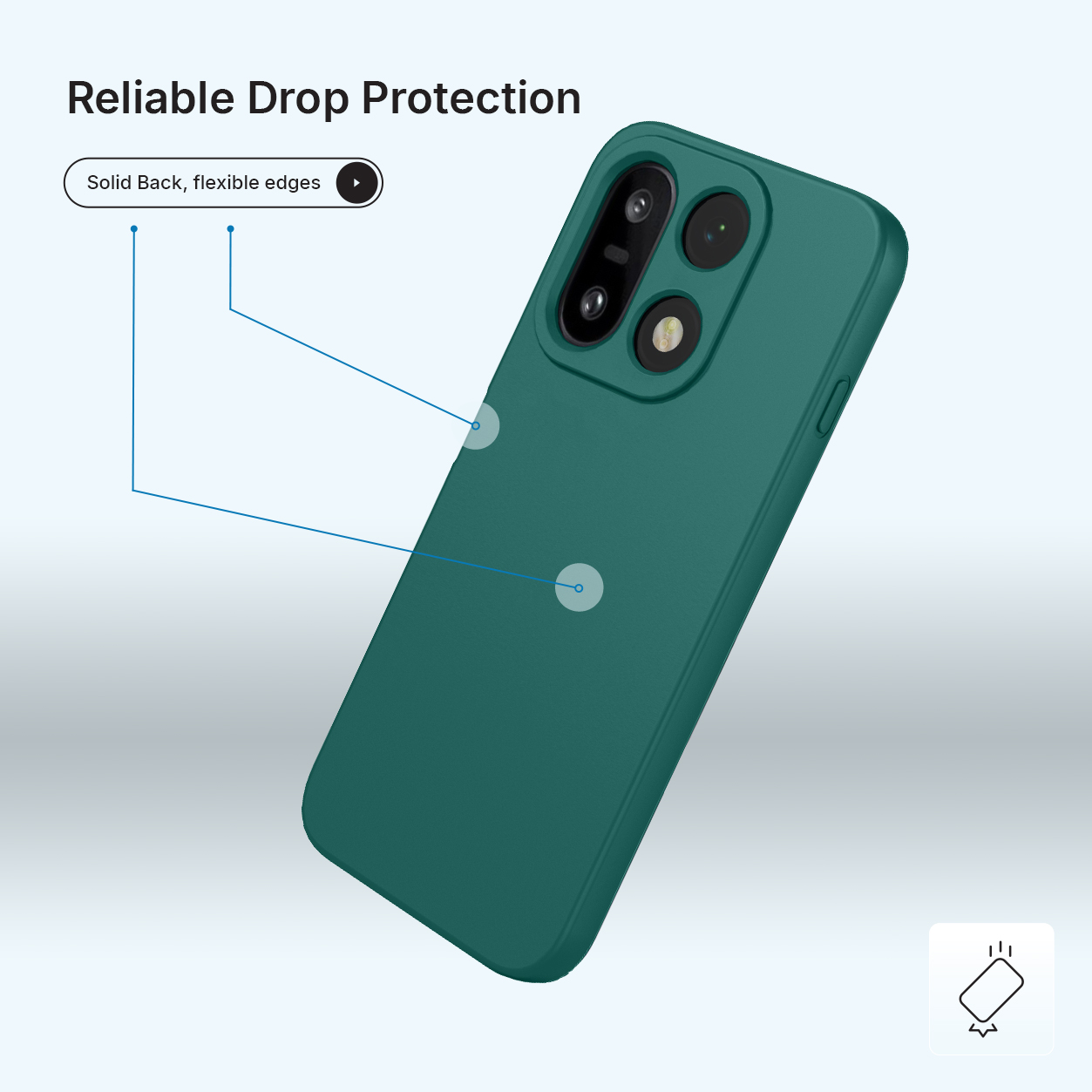 Donkergroene telefoonhoes met cameramodule en tekst.
