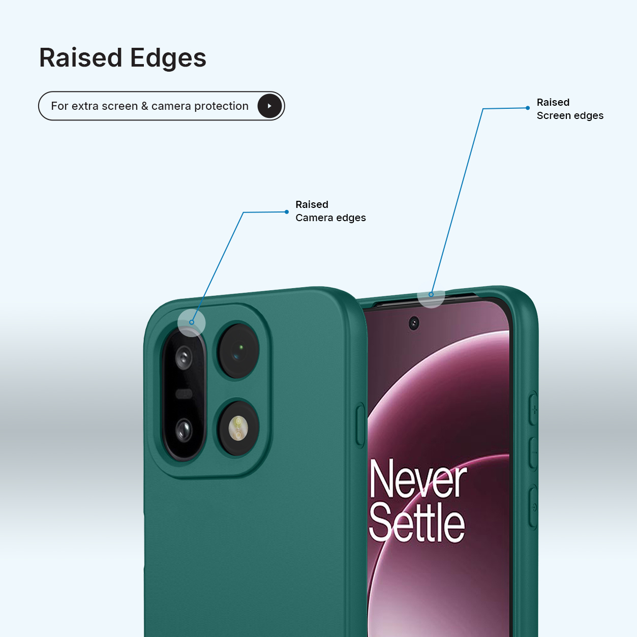 Groene telefoonhoes met verhoogde randen voor camera- en schermbescherming.