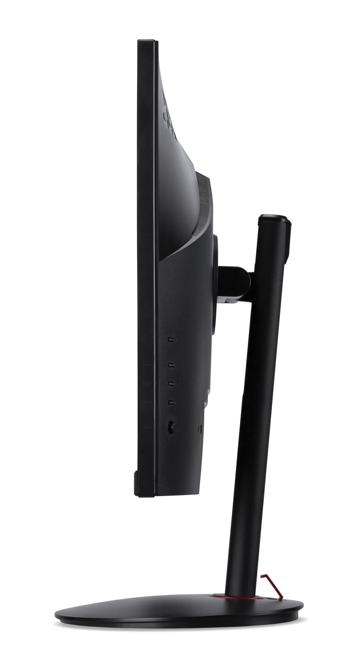Czarny monitor komputerowy w profilu ze stojakiem i przyciskami z boku.