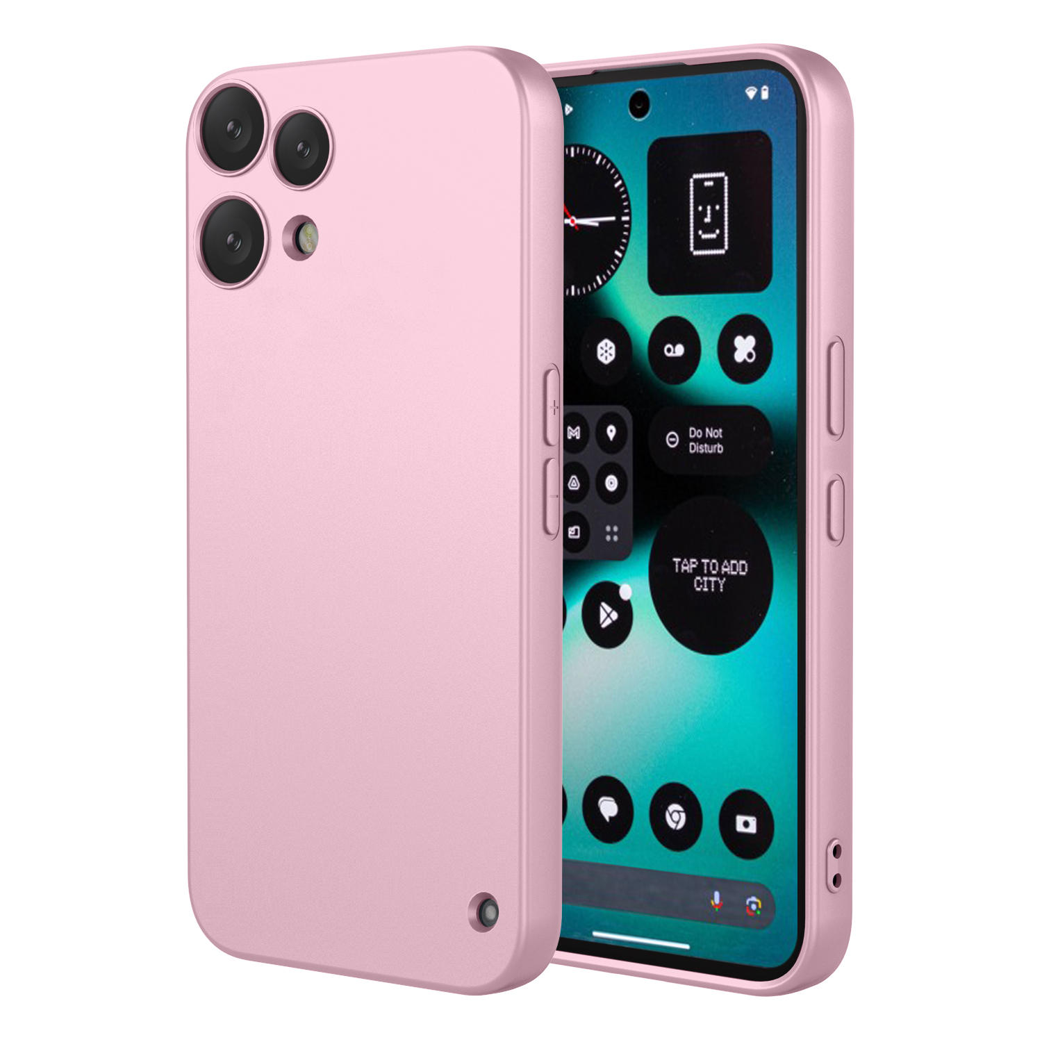 Een roze telefoonhoesje ligt naast een telefoon met een kleurrijk scherm.