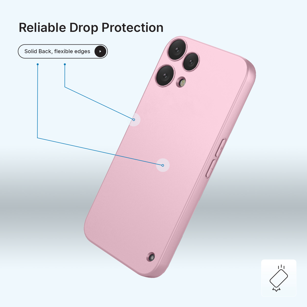 Een roze telefoonhoesje met camera-uitsparing, zijknopen en een sleutelkoordgat.