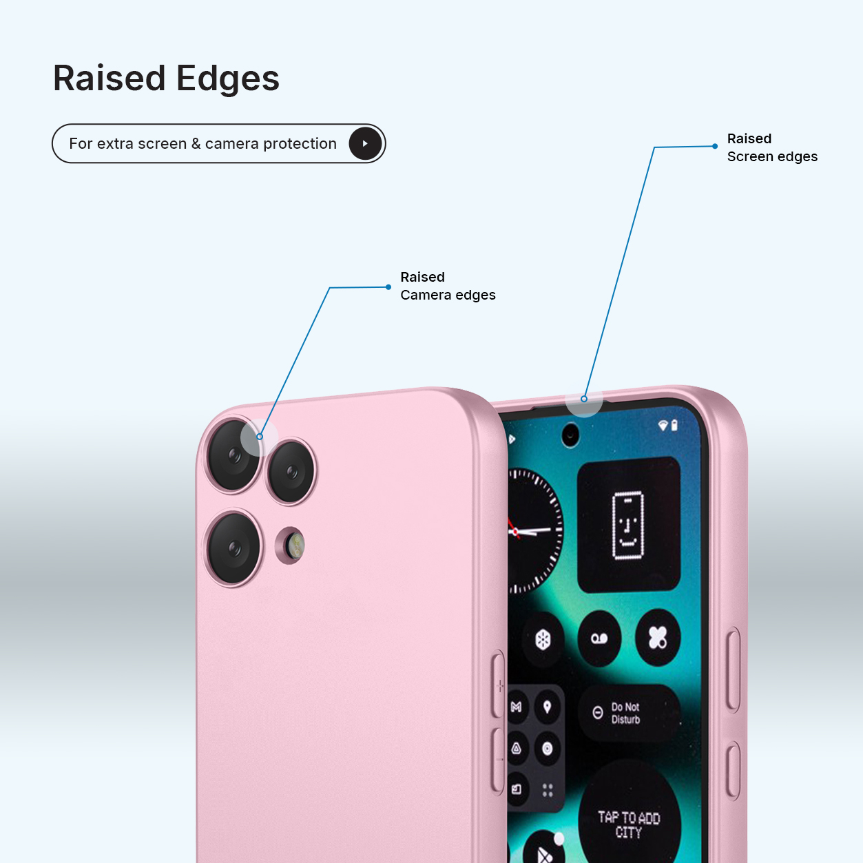 Een roze telefoonhoesje met verhoogde randen ter bescherming van camera en scherm.